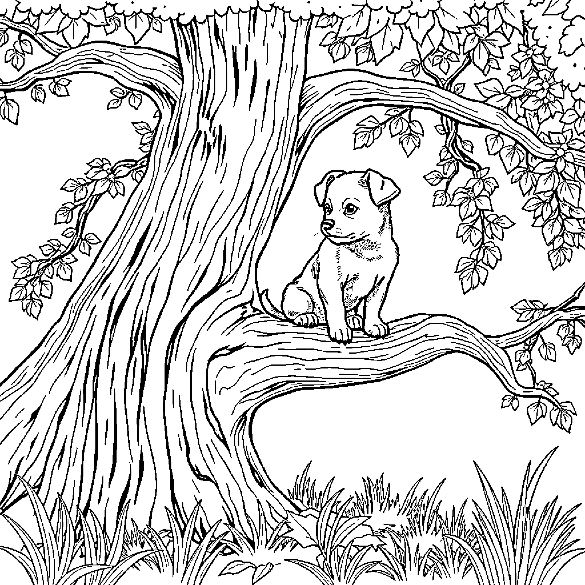 Dog sitting on a tree trunk in the forest Coloring Page (free black-and-white line drawing printable PDF for all, from beginners to advanced learners, including children, teens, adults, and seniors)