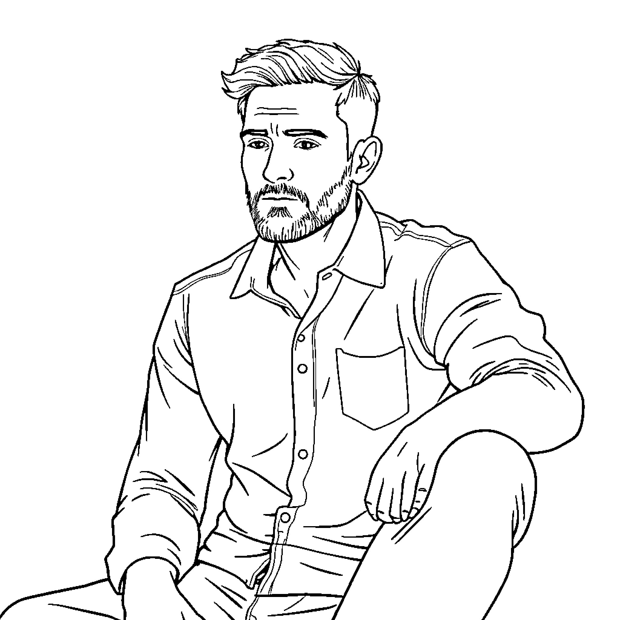 Man in casual attire sitting thoughtfully Coloring Page (free black-and-white line drawing printable PDF for all, from beginners to advanced learners, including children, teens, adults, and seniors)