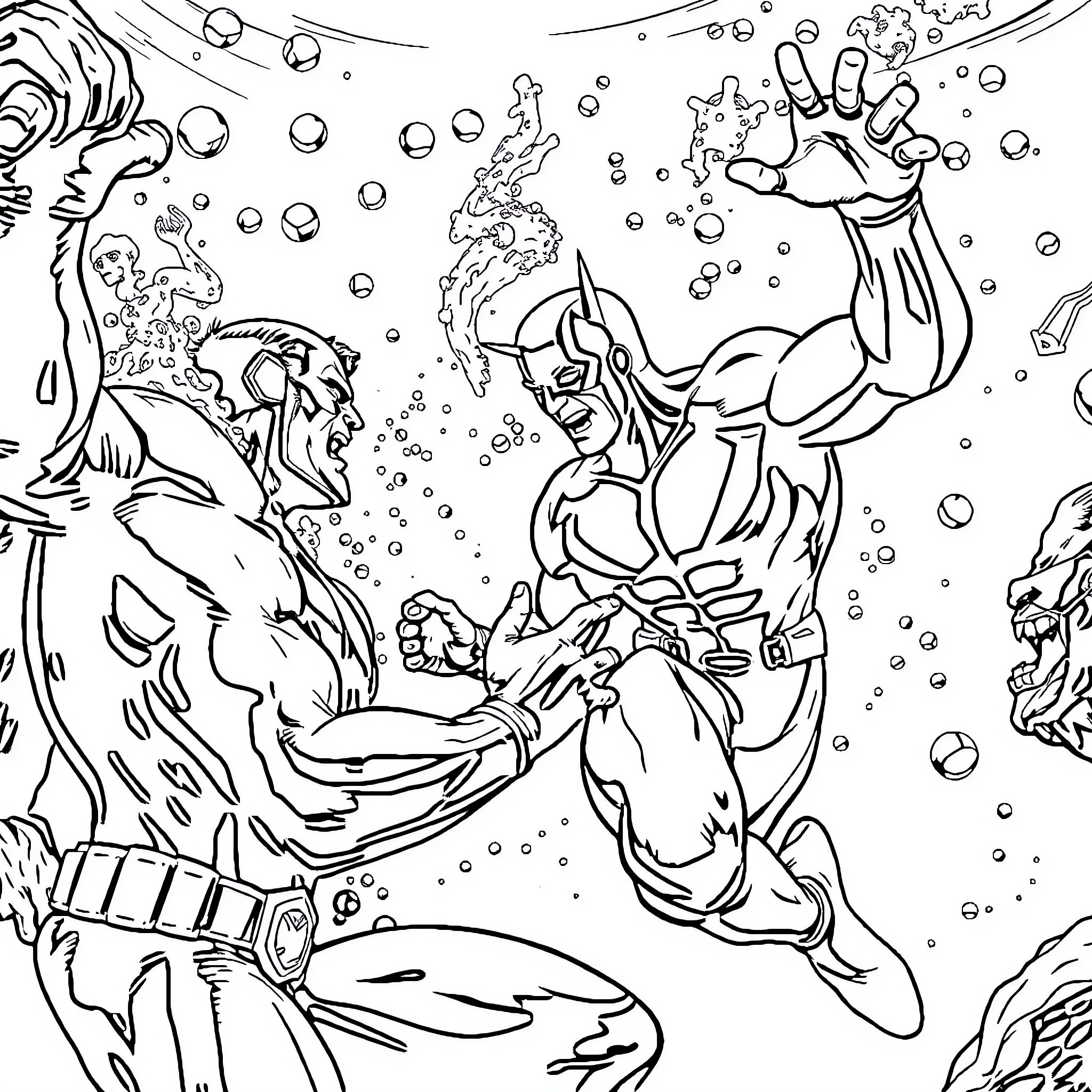 Daredevil battles fierce opponents underwater Coloring Page (free black-and-white line drawing printable PDF for all, from beginners to advanced learners, including children, teens, adults, and seniors)