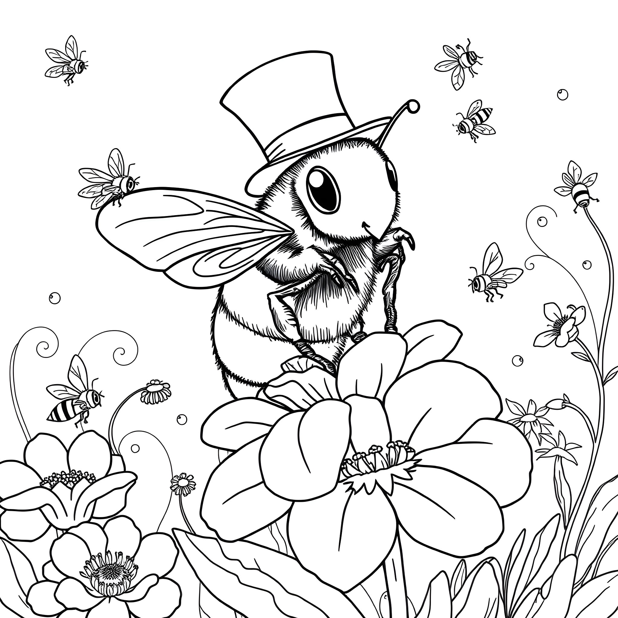 Bee in a Top Hat Exploring Floral Garden Coloring Page (free black-and-white line drawing printable PDF for all, from beginners to advanced learners, including children, teens, adults, and seniors)