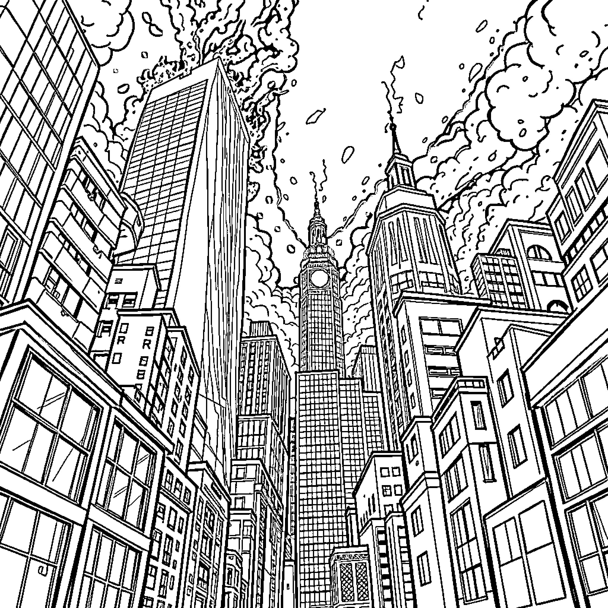 Labubu's Bustling City Adventure Coloring Page (free black-and-white line drawing printable PDF for all, from beginners to advanced learners, including children, teens, adults, and seniors)