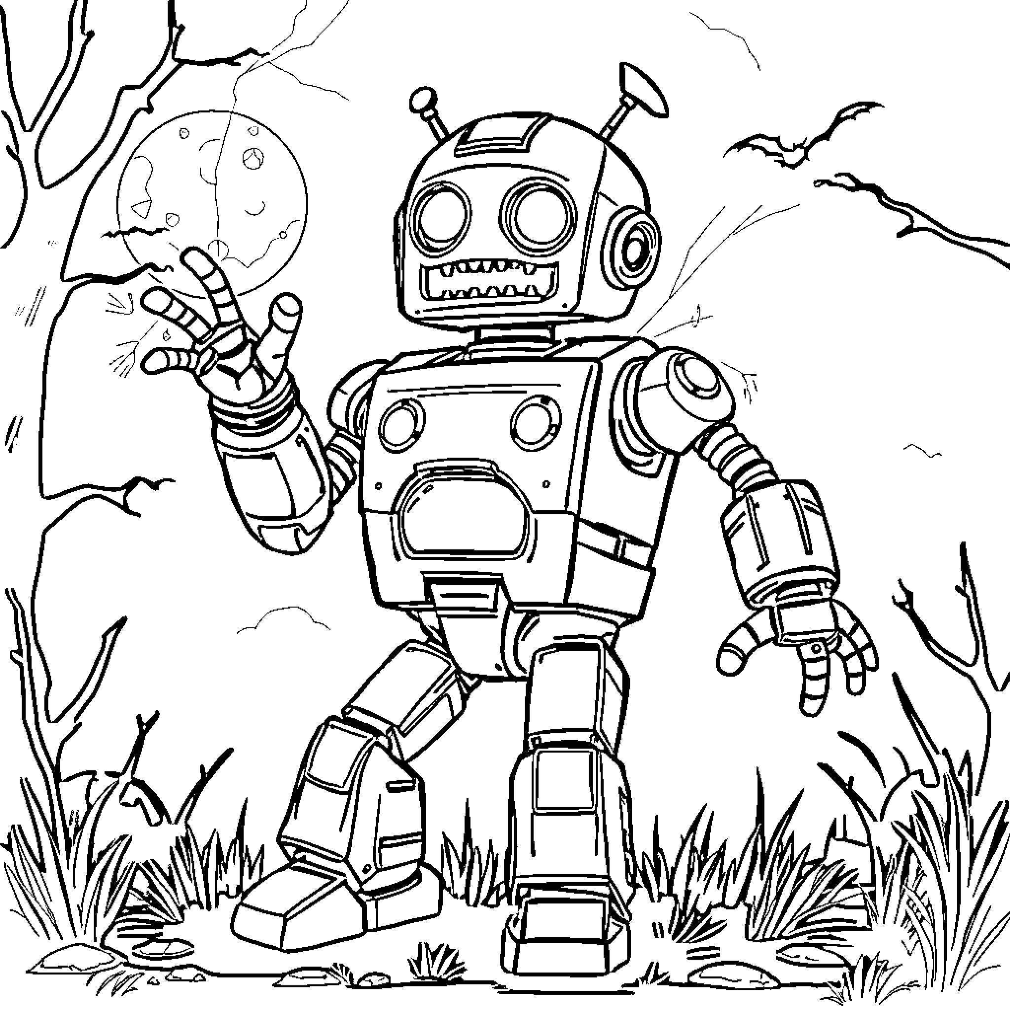 Robot exploring spooky forest at night Coloring Page (free black-and-white line drawing printable PDF for all, from beginners to advanced learners, including children, teens, adults, and seniors)