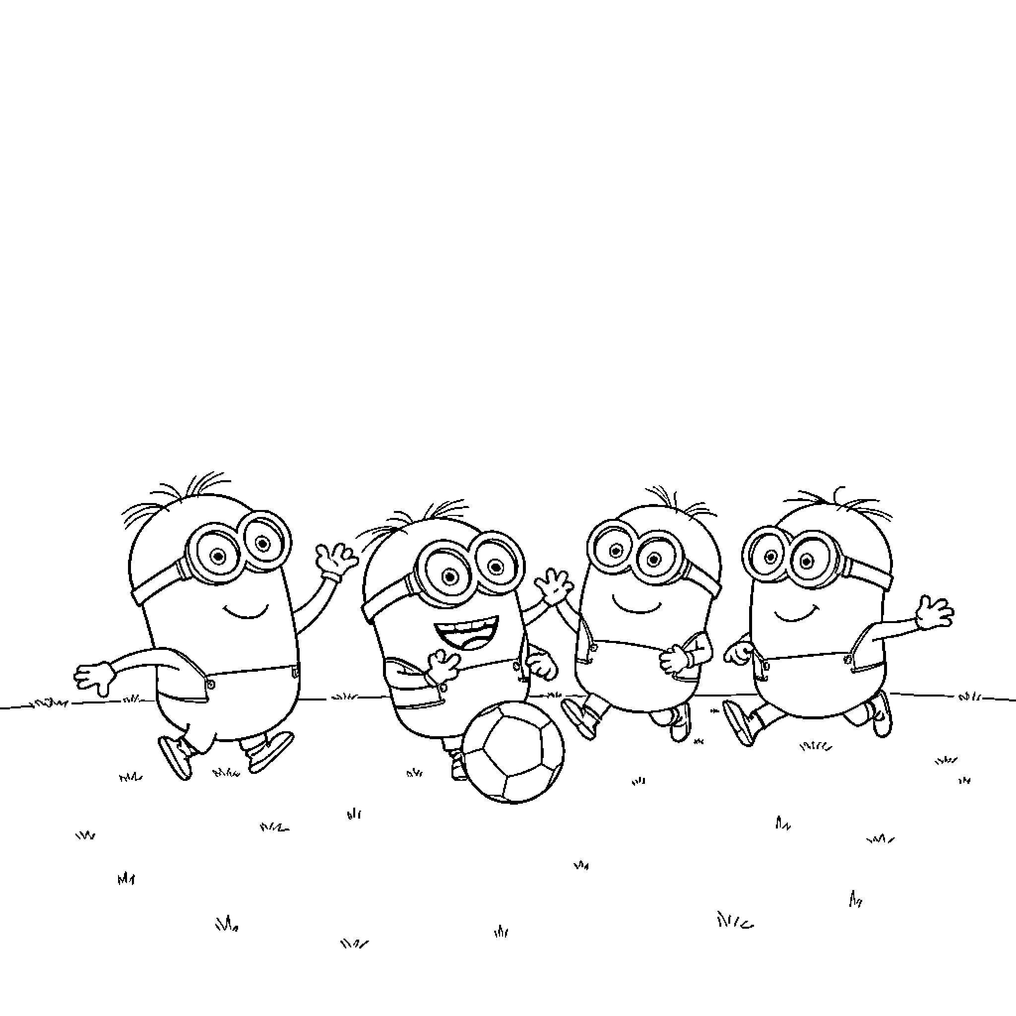 Minions playing soccer joyfully outdoors Coloring Page (free black-and-white line drawing printable PDF for all, from beginners to advanced learners, including children, teens, adults, and seniors)