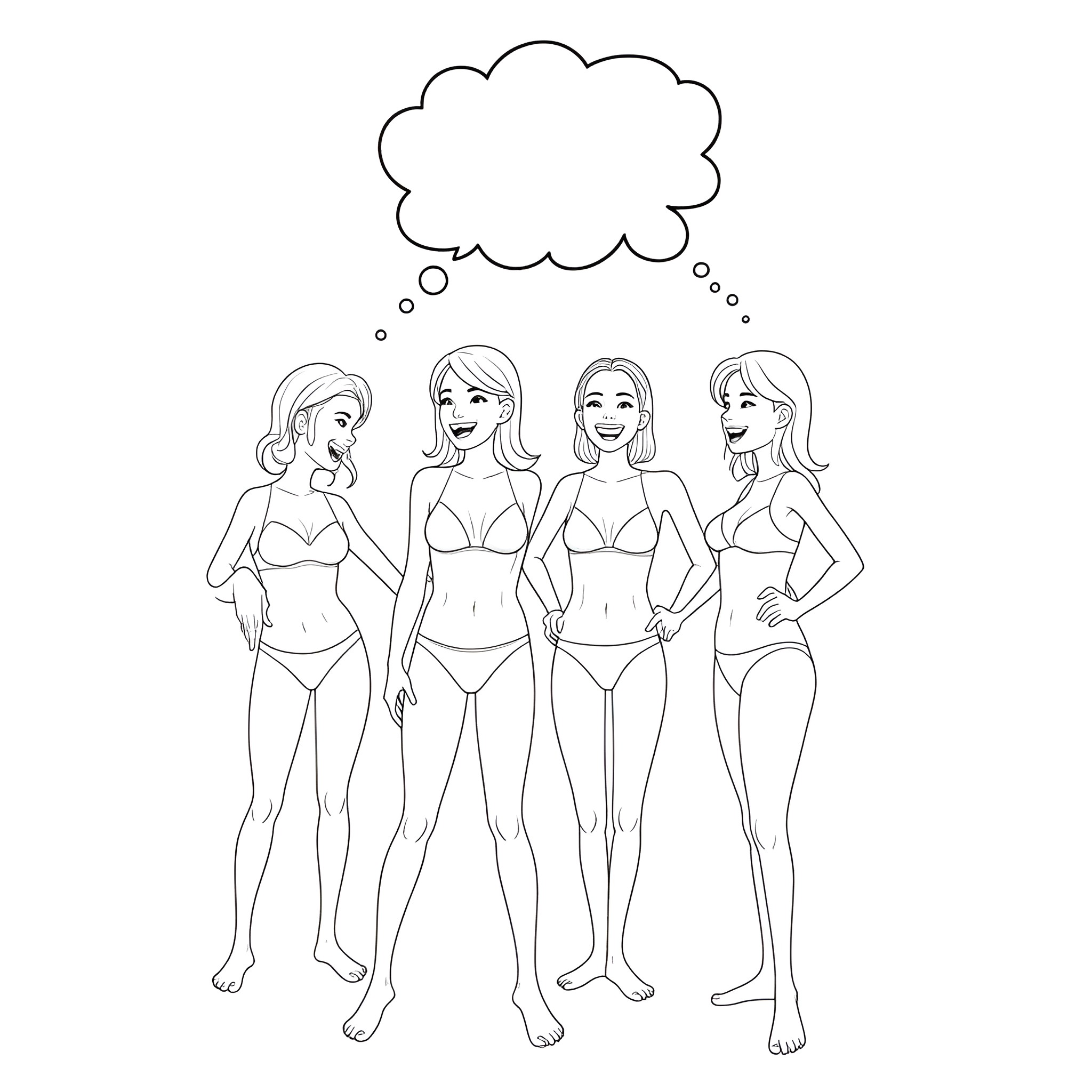 Girls chatting happily in their swimsuits Coloring Page (free black-and-white line drawing printable PDF for all, from beginners to advanced learners, including children, teens, adults, and seniors)
