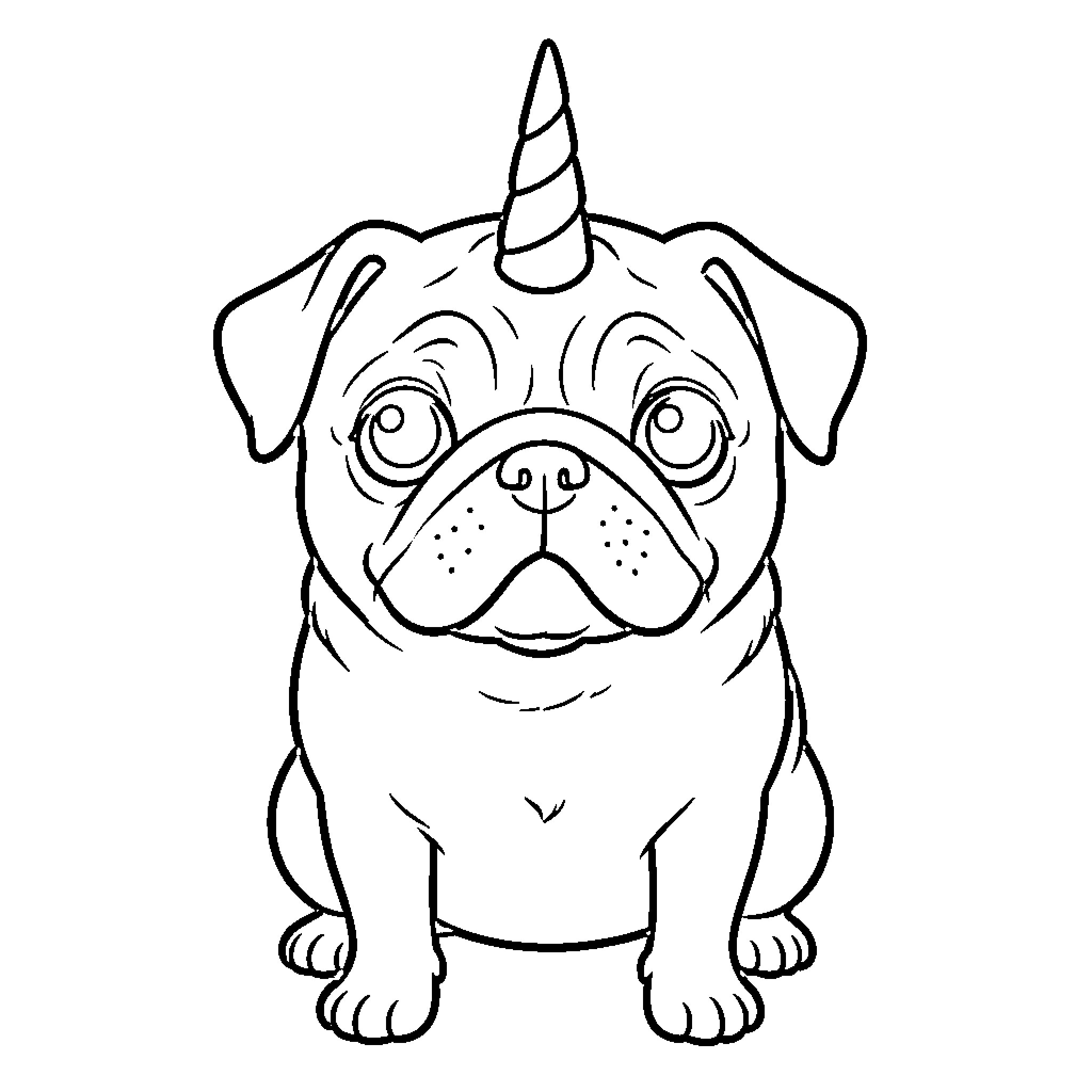 Pug dressed as a unicorn Coloring Page (free black-and-white line drawing printable PDF for all, from beginners to advanced learners, including children, teens, adults, and seniors)