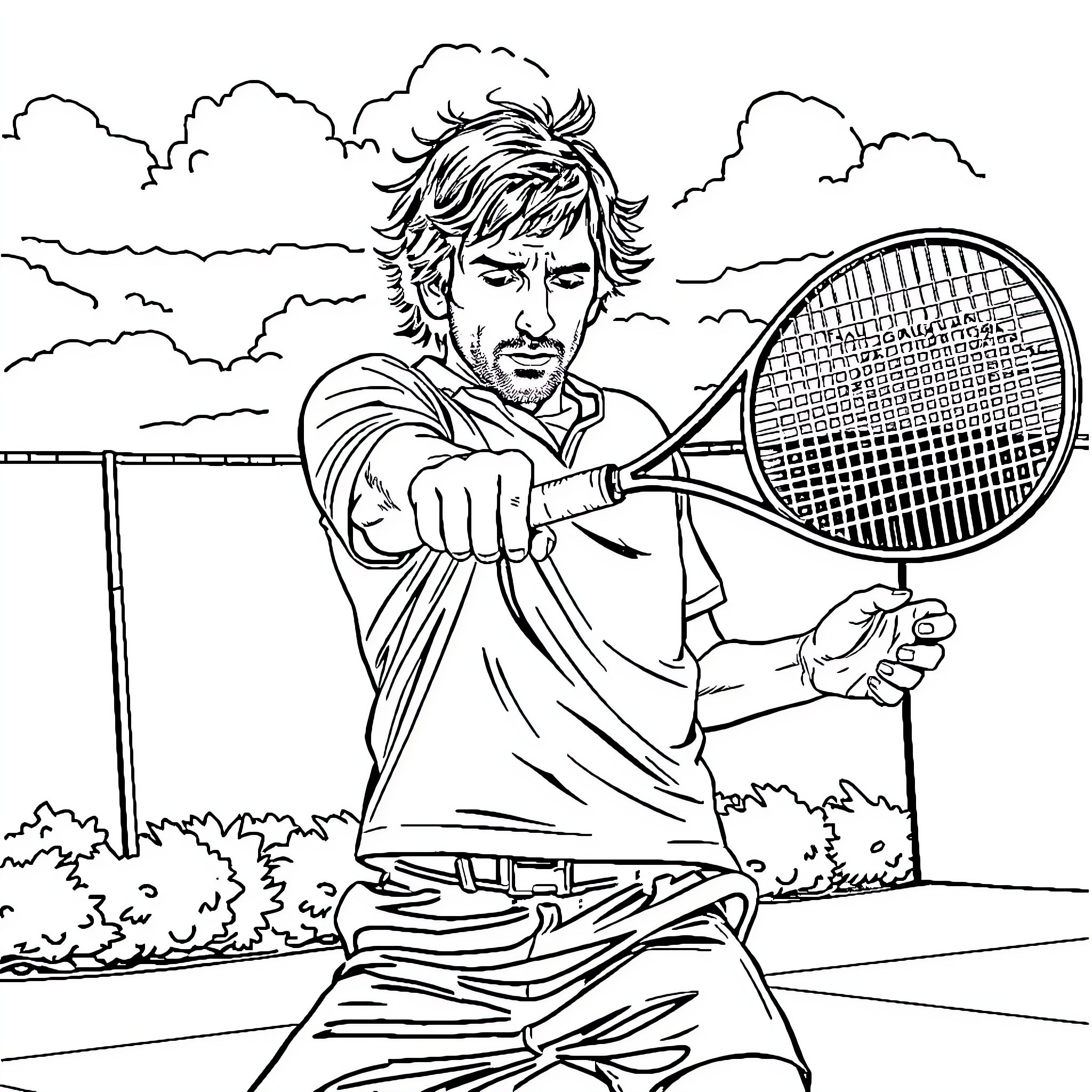 Liam Gallagher playing tennis on the court Coloring Page (free black-and-white line drawing printable PDF for all, from beginners to advanced learners, including children, teens, adults, and seniors)