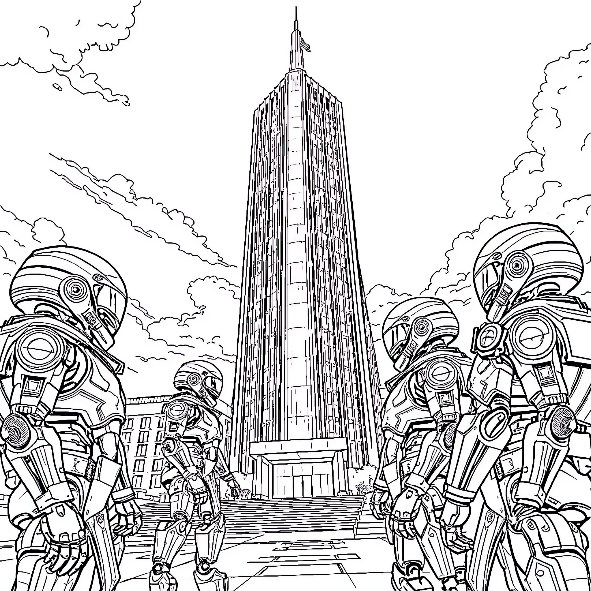 Cyborg Sentinels Guarding a Towering Skyscraper Coloring Page (free black-and-white line drawing printable PDF for all, from beginners to advanced learners, including children, teens, adults, and seniors)