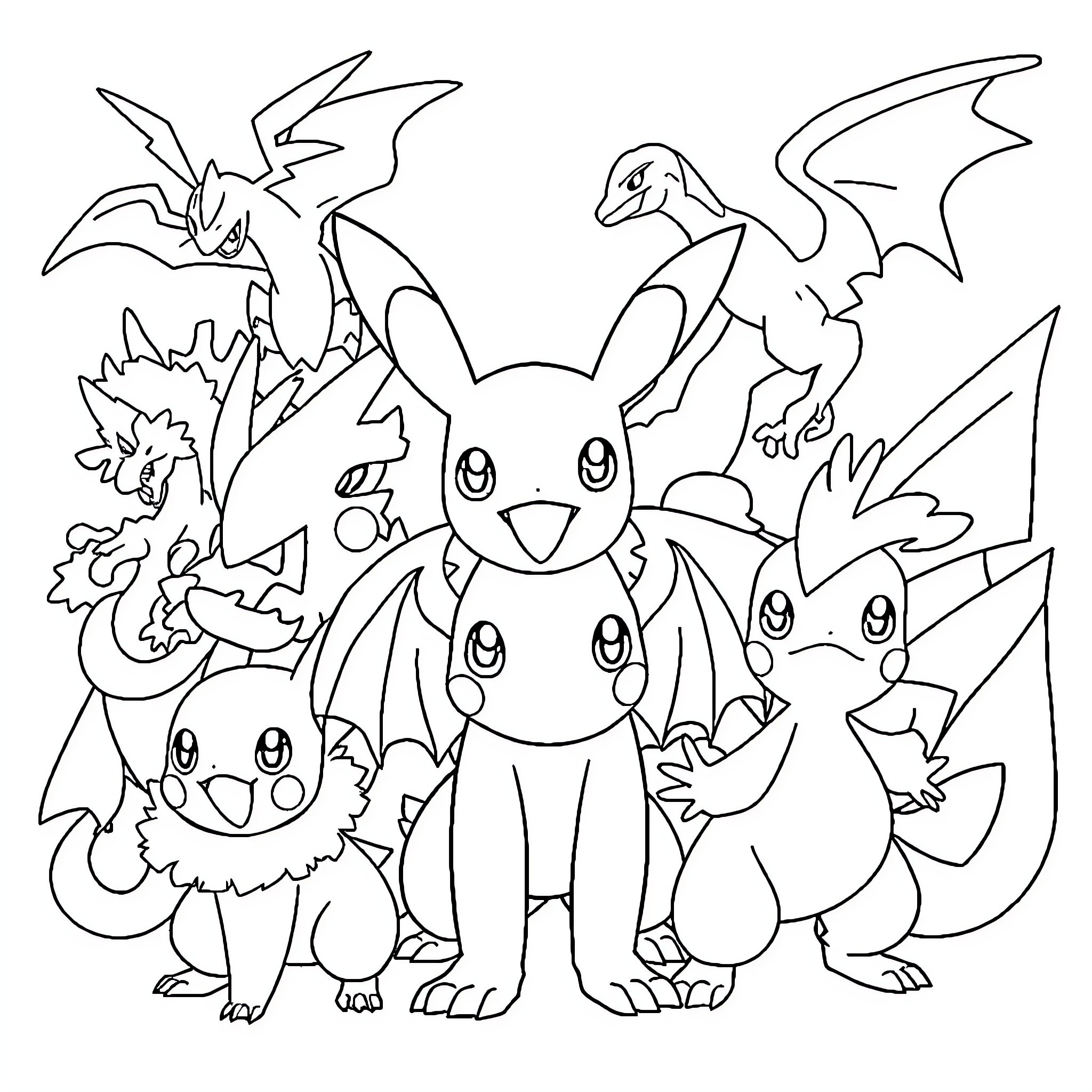 Pokémon Characters Gathered Together Coloring Page (free black-and-white line drawing printable PDF for all, from beginners to advanced learners, including children, teens, adults, and seniors)