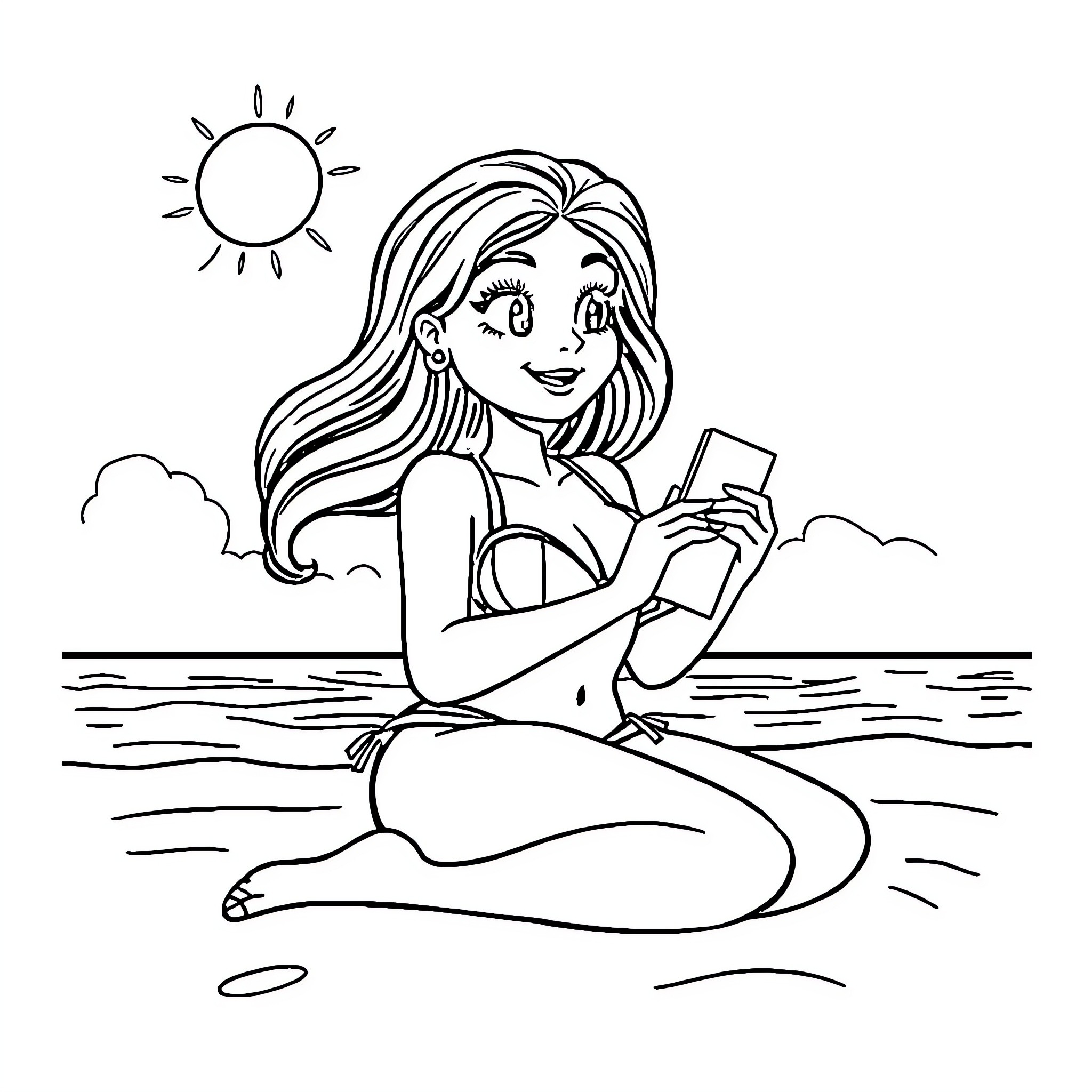 Girl Relaxing on the Beach with Smartphone Coloring Page (free black-and-white line drawing printable PDF for all, from beginners to advanced learners, including children, teens, adults, and seniors)