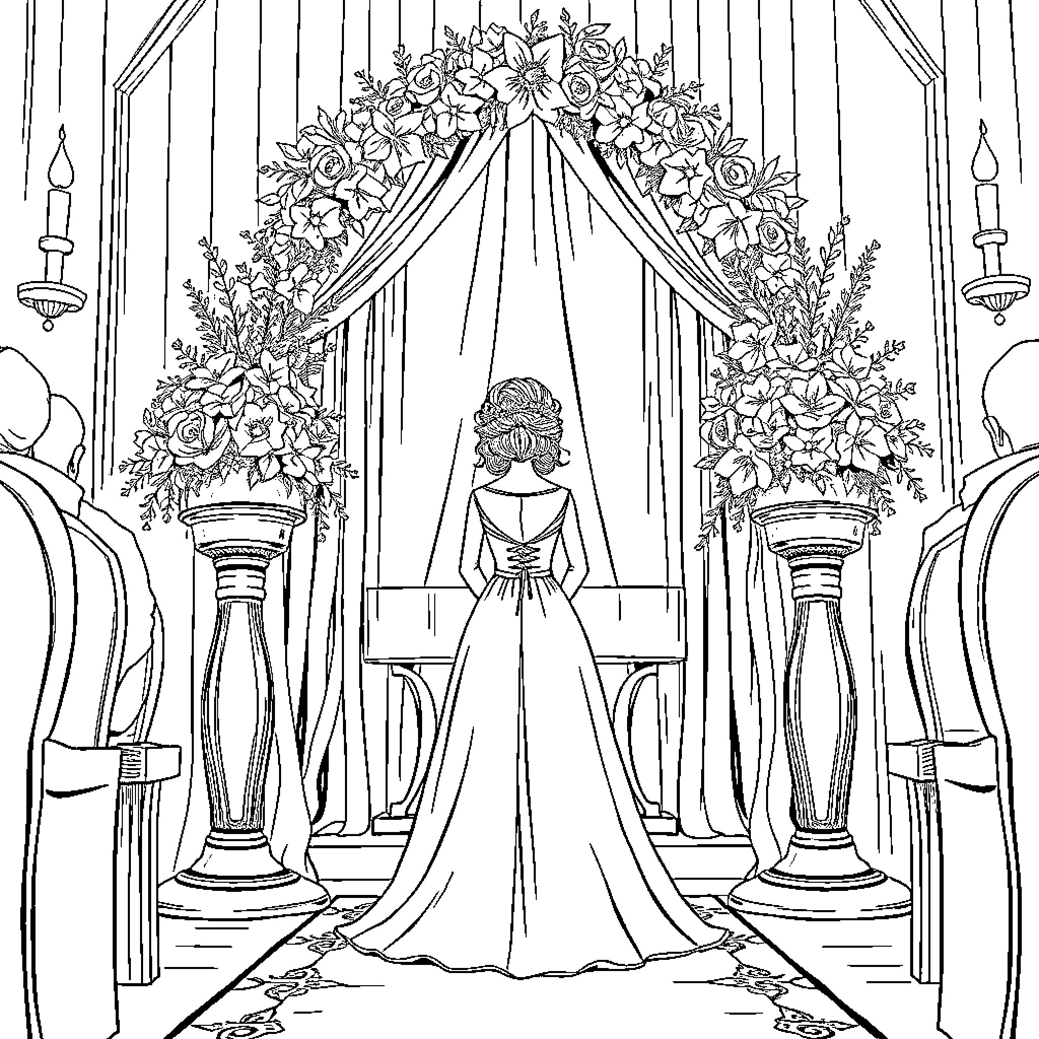 Girl in elegant gown under ornate floral arch Coloring Page (free black-and-white line drawing printable PDF for all, from beginners to advanced learners, including children, teens, adults, and seniors)