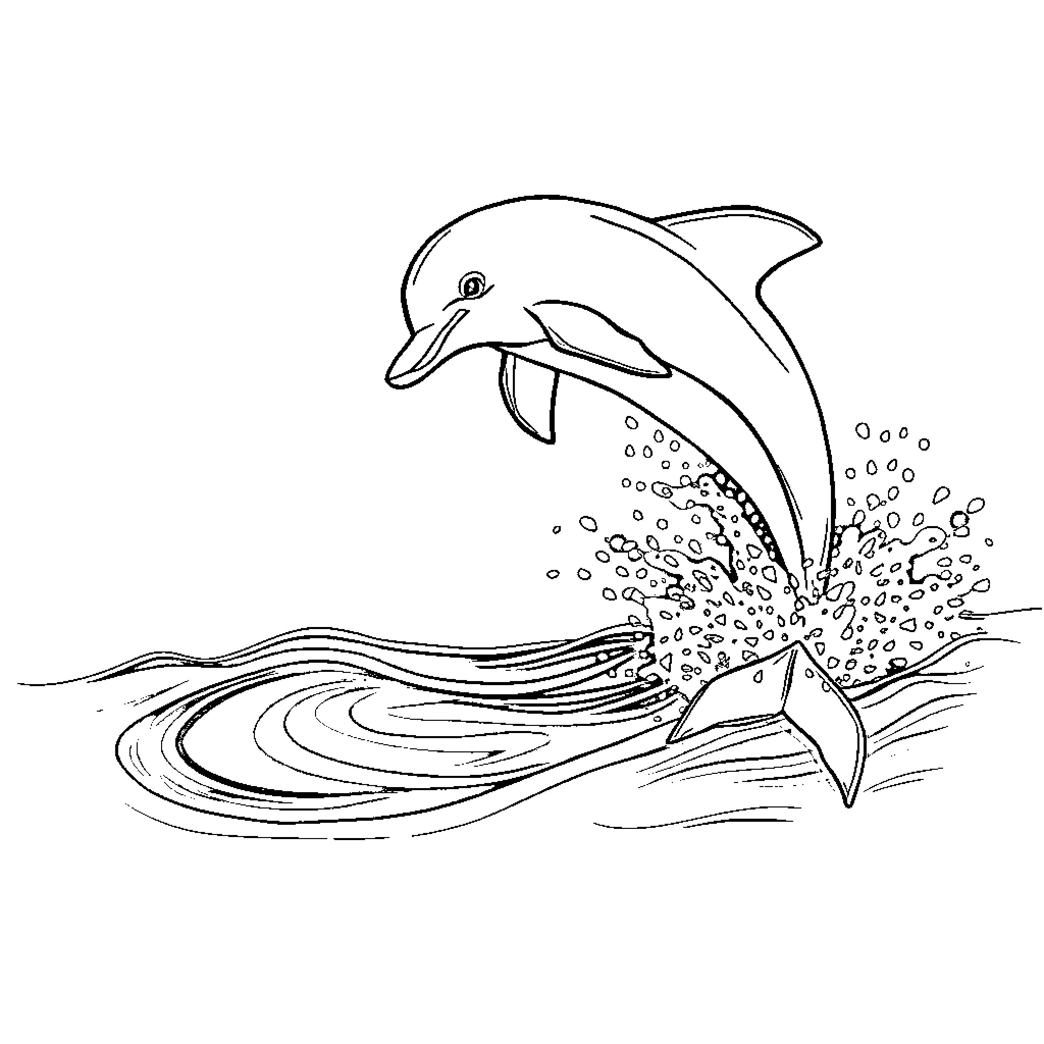 Dolphin jumping gracefully through the waves Coloring Page (free black-and-white line drawing printable PDF for all, from beginners to advanced learners, including children, teens, adults, and seniors)