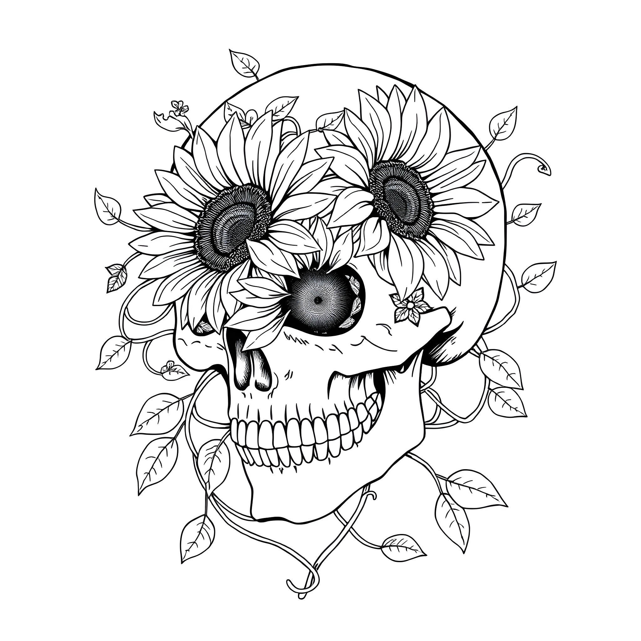 Skull with Sunflowers and Leaves Coloring Page (free black-and-white line drawing printable PDF for all, from beginners to advanced learners, including children, teens, adults, and seniors)