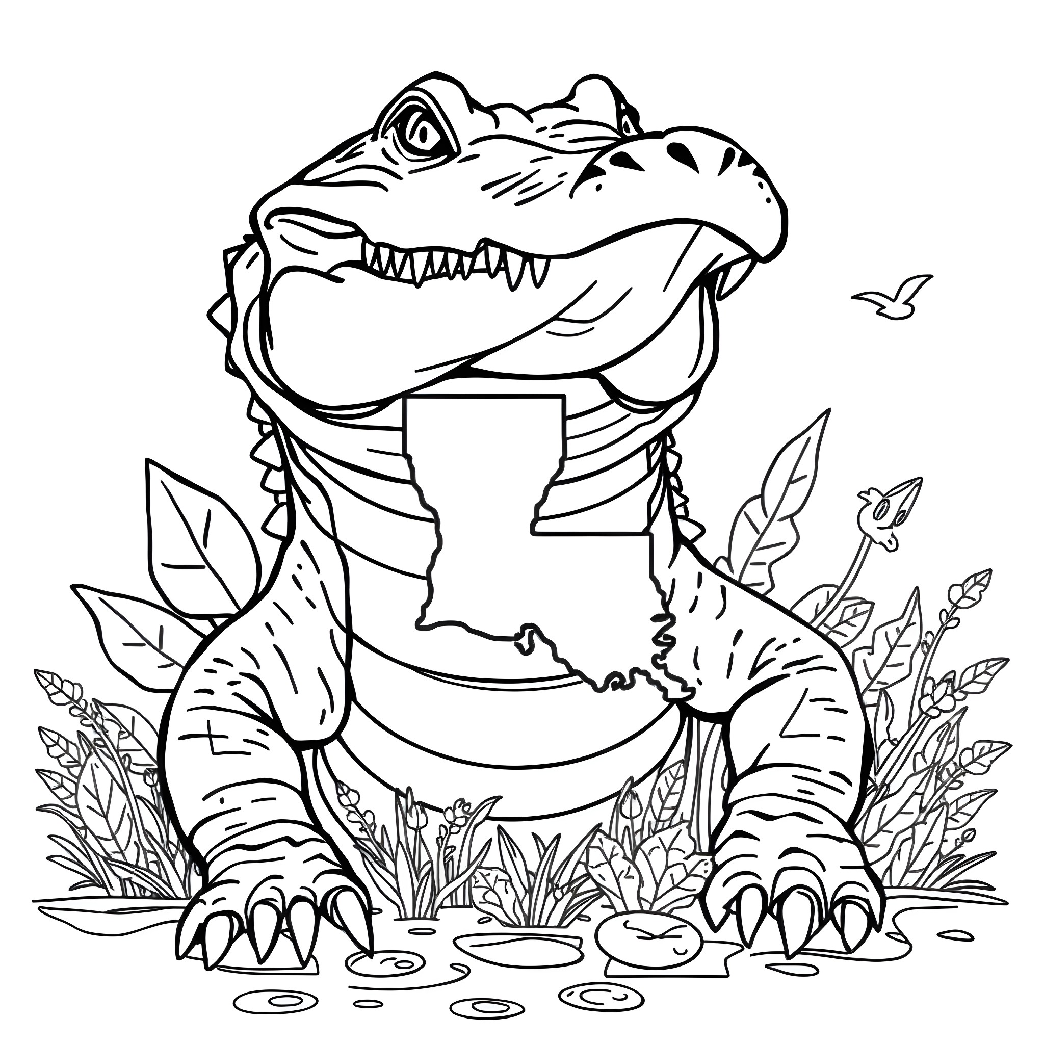 Gator resting in the swampy landscape Coloring Page (free black-and-white line drawing printable PDF for all, from beginners to advanced learners, including children, teens, adults, and seniors)