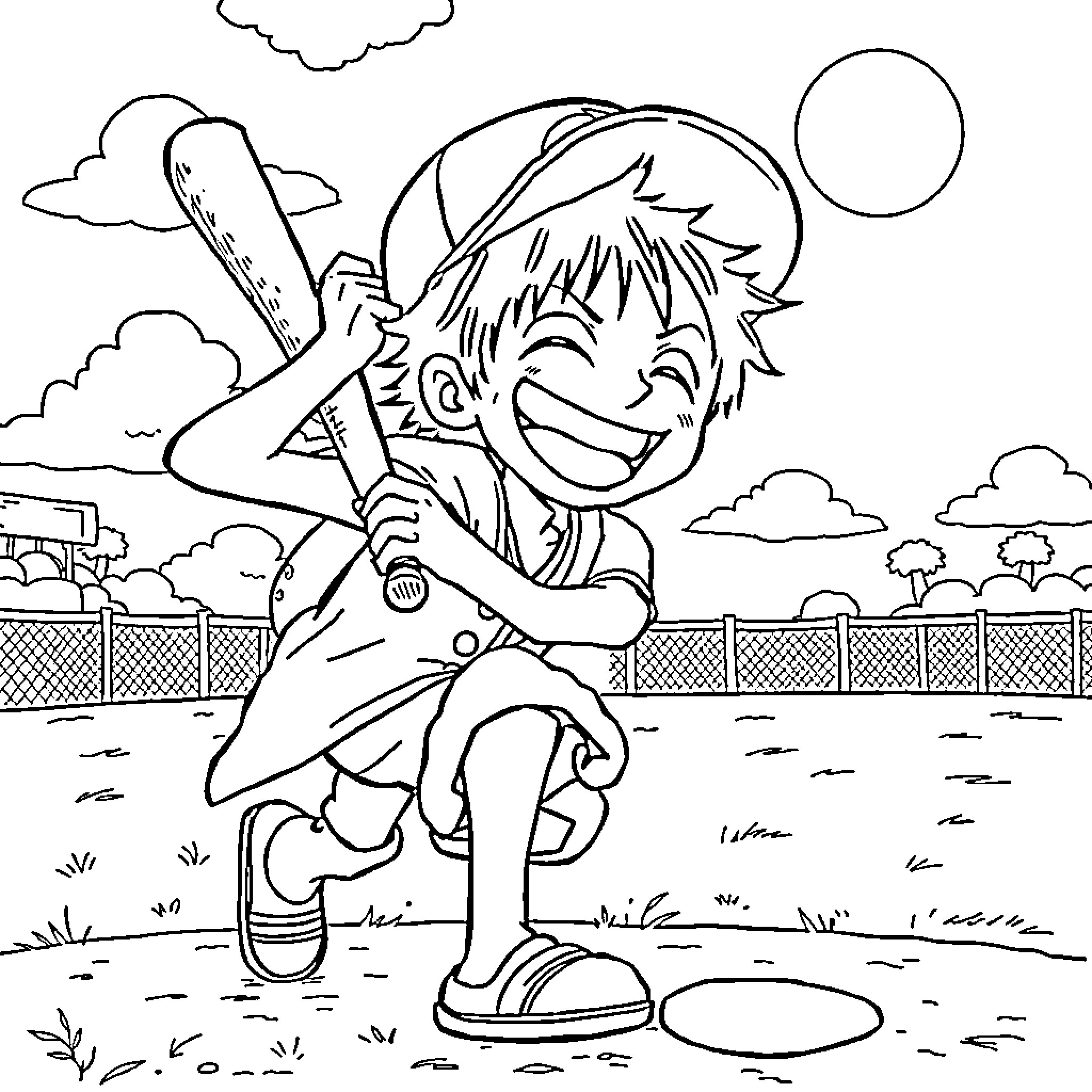 Luffy Playing Happily with Baseball Bat Coloring Page (free black-and-white line drawing printable PDF for all, from beginners to advanced learners, including children, teens, adults, and seniors)