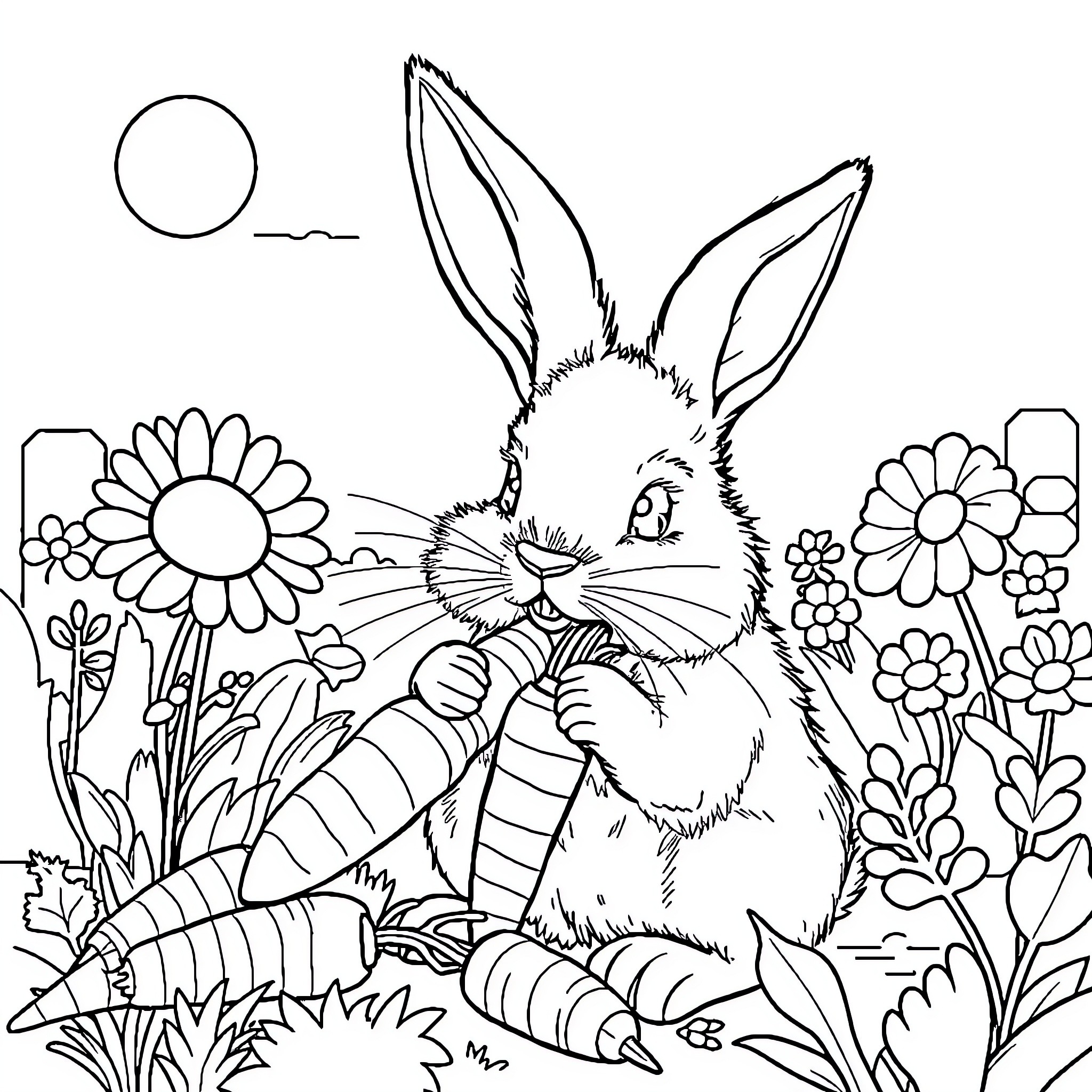 Bunny surrounded by flowers enjoying a snack Coloring Page (free black-and-white line drawing printable PDF for all, from beginners to advanced learners, including children, teens, adults, and seniors)