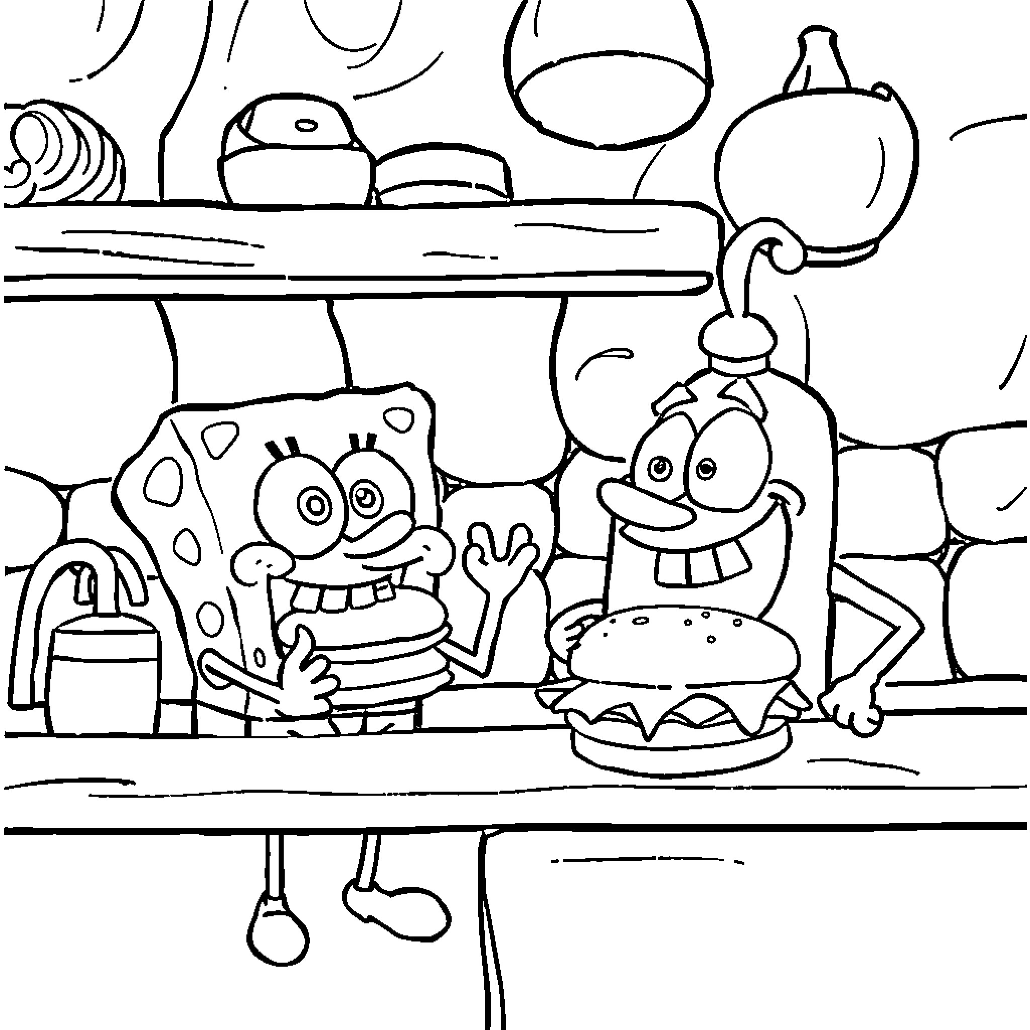 Bob esponja and friends cooking in the kitchen Coloring Page (free black-and-white line drawing printable PDF for all, from beginners to advanced learners, including children, teens, adults, and seniors)