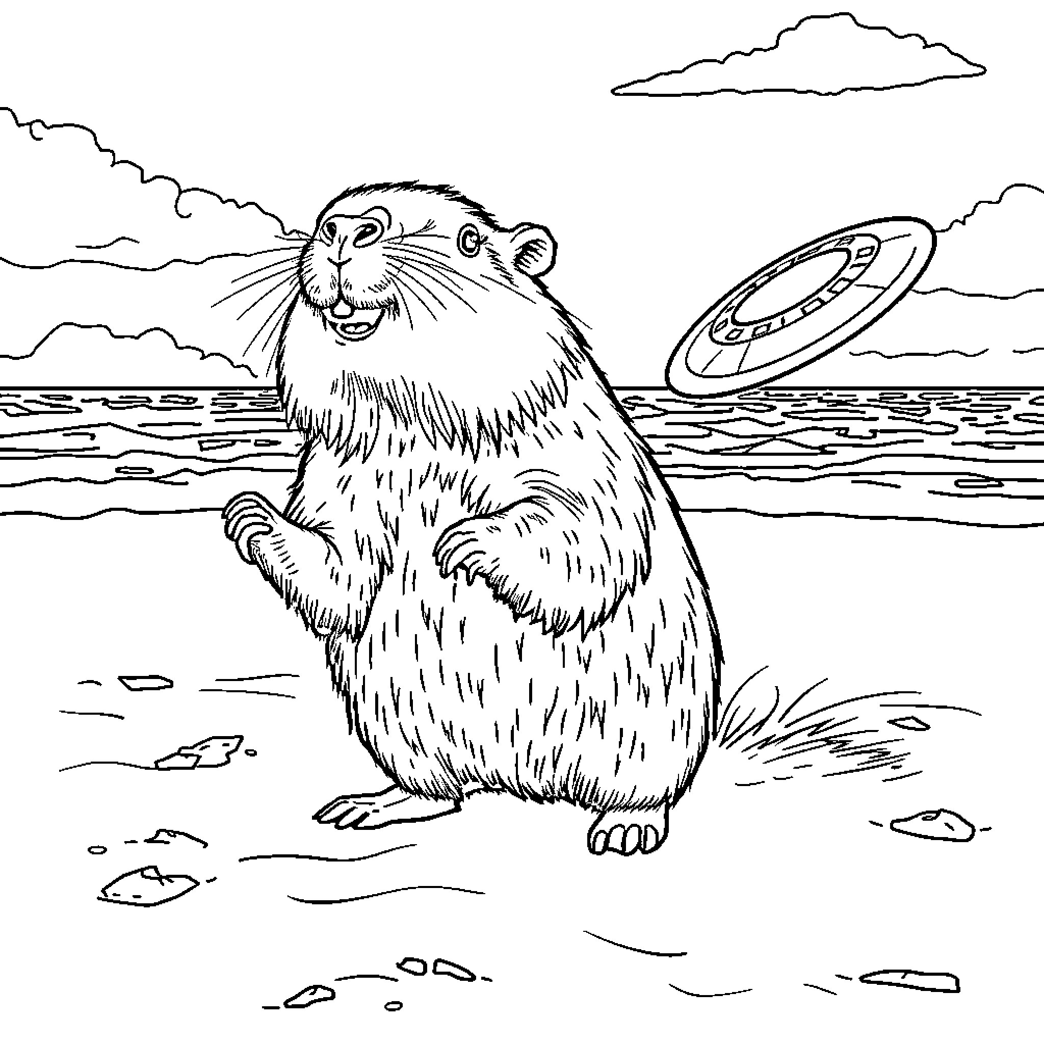 Capybara playing with a frisbee by the lake Coloring Page (free black-and-white line drawing printable PDF for all, from beginners to advanced learners, including children, teens, adults, and seniors)