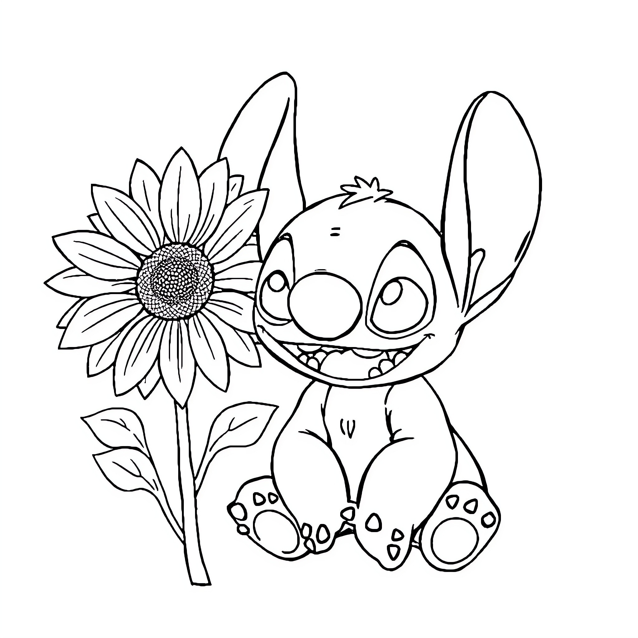 Stitch playing with sunflower in nature Coloring Page (free black-and-white line drawing printable PDF for all, from beginners to advanced learners, including children, teens, adults, and seniors)