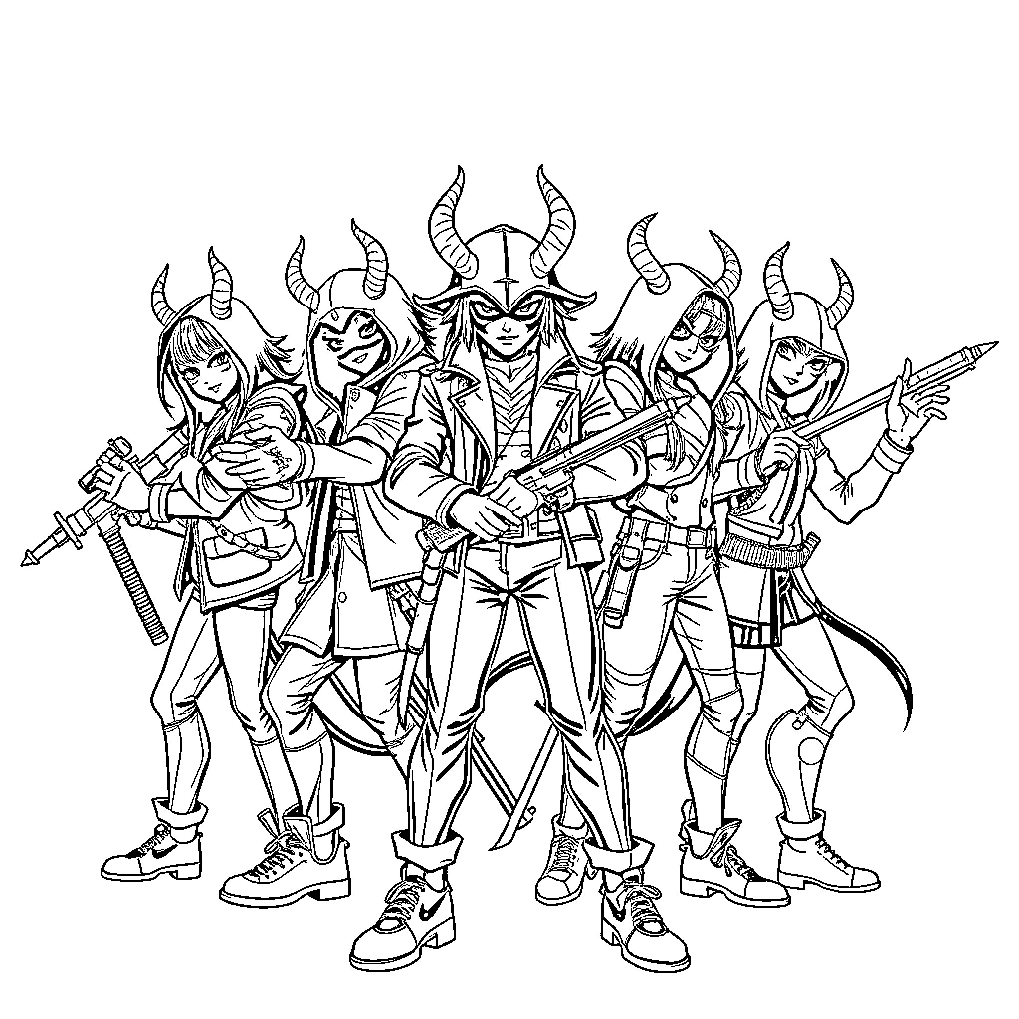 Demon Hunter Warriors Banding Together Coloring Page (free black-and-white line drawing printable PDF for all, from beginners to advanced learners, including children, teens, adults, and seniors)