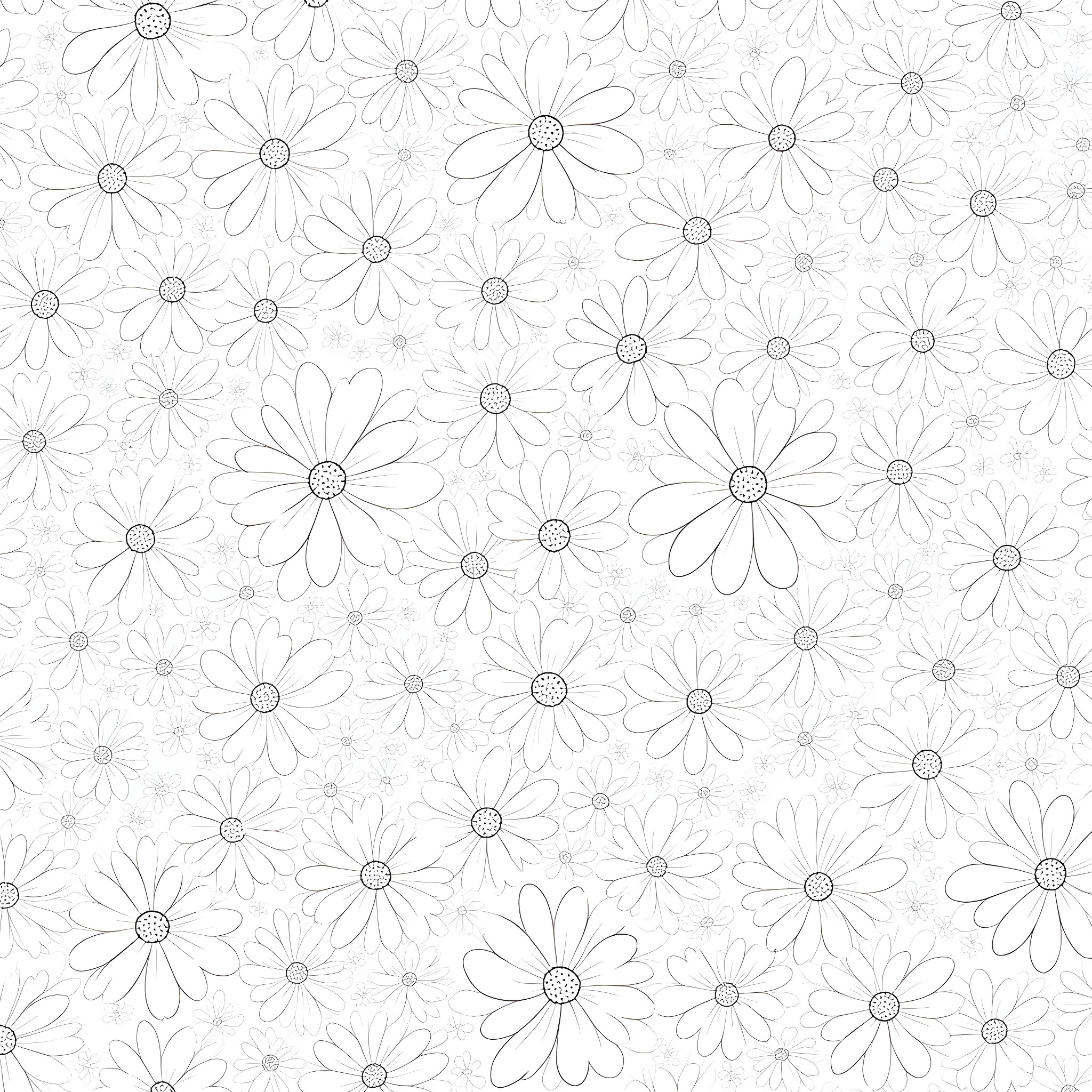 Flower-filled pattern with delicate daisy designs Coloring Page (free black-and-white line drawing printable PDF for all, from beginners to advanced learners, including children, teens, adults, and seniors)
