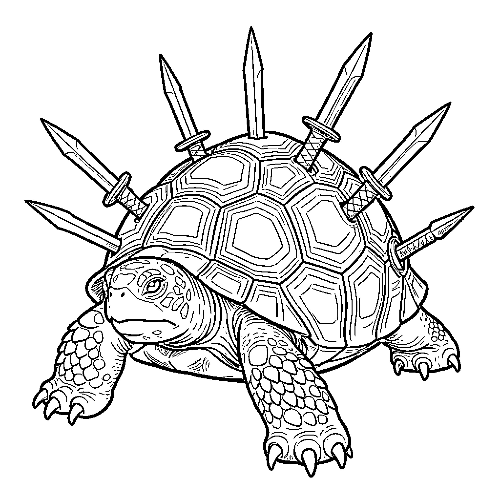 Turtle with many swords stuck in its shell Coloring Page (free black-and-white line drawing printable PDF for all, from beginners to advanced learners, including children, teens, adults, and seniors)