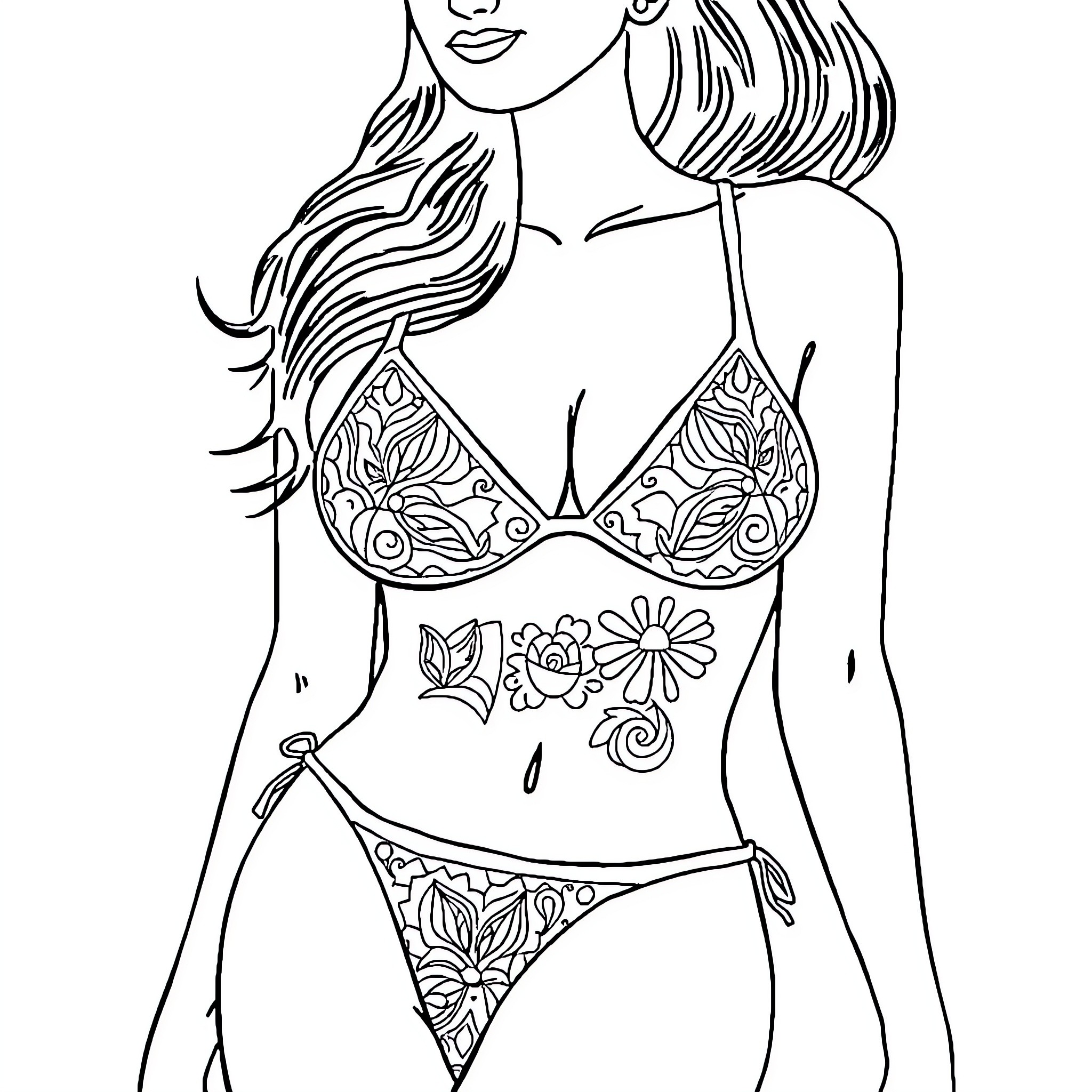Bikini-clad woman with floral design Coloring Page (free black-and-white line drawing printable PDF for all, from beginners to advanced learners, including children, teens, adults, and seniors)