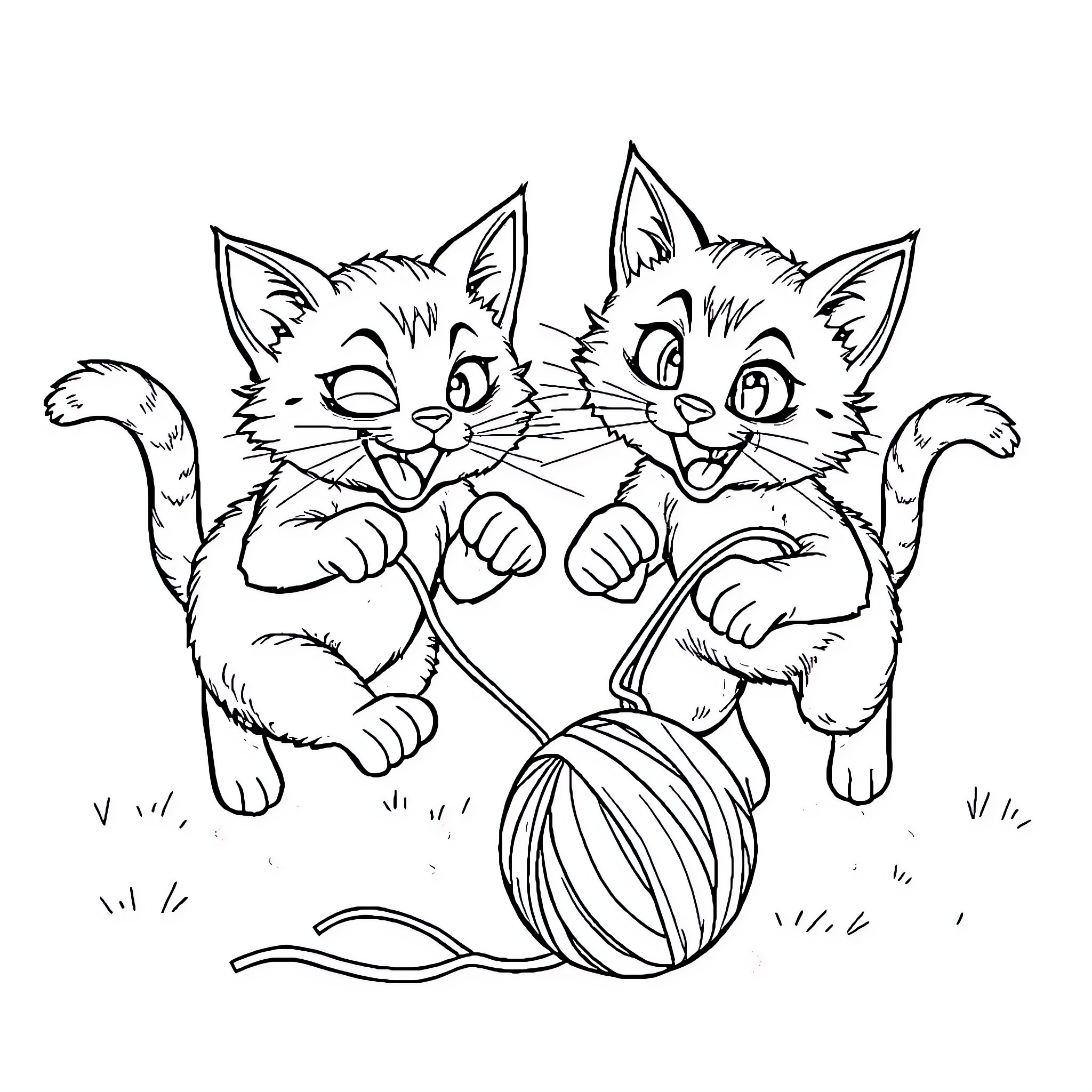 Cats playing with yarn ball in the yard Coloring Page (free black-and-white line drawing printable PDF for all, from beginners to advanced learners, including children, teens, adults, and seniors)