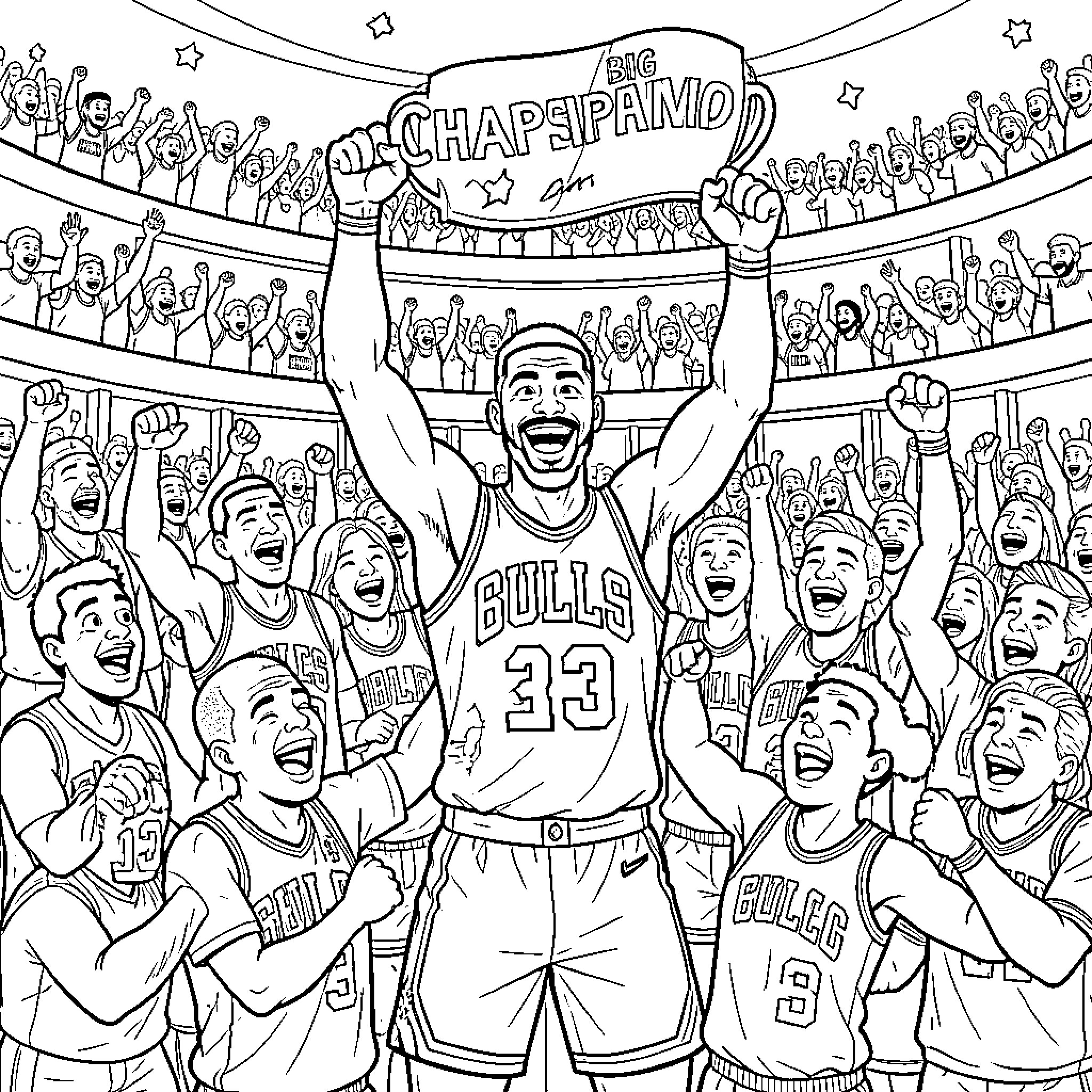 Chicago Bulls players celebrating victory on court Coloring Page (free black-and-white line drawing printable PDF for all, from beginners to advanced learners, including children, teens, adults, and seniors)