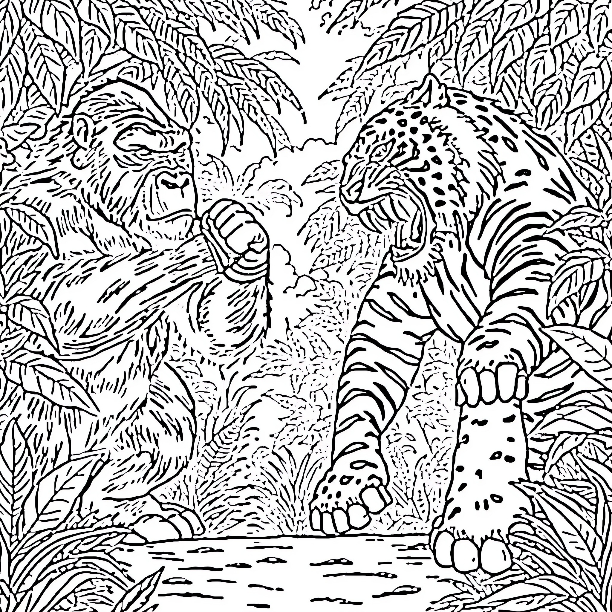 Conor McGregor confronts fierce jungle cats Coloring Page (free black-and-white line drawing printable PDF for all, from beginners to advanced learners, including children, teens, adults, and seniors)