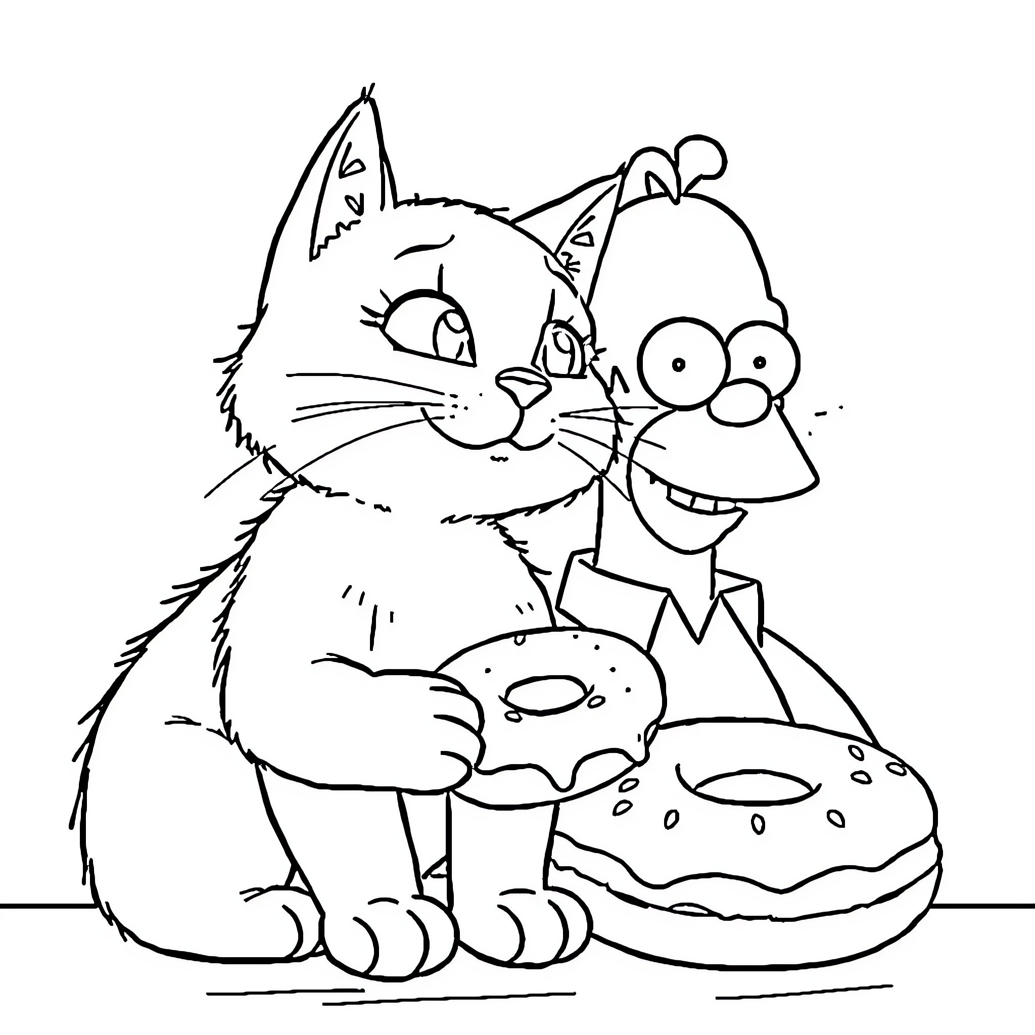Cat enjoying a tasty donut with a friend Coloring Page (free black-and-white line drawing printable PDF for all, from beginners to advanced learners, including children, teens, adults, and seniors)