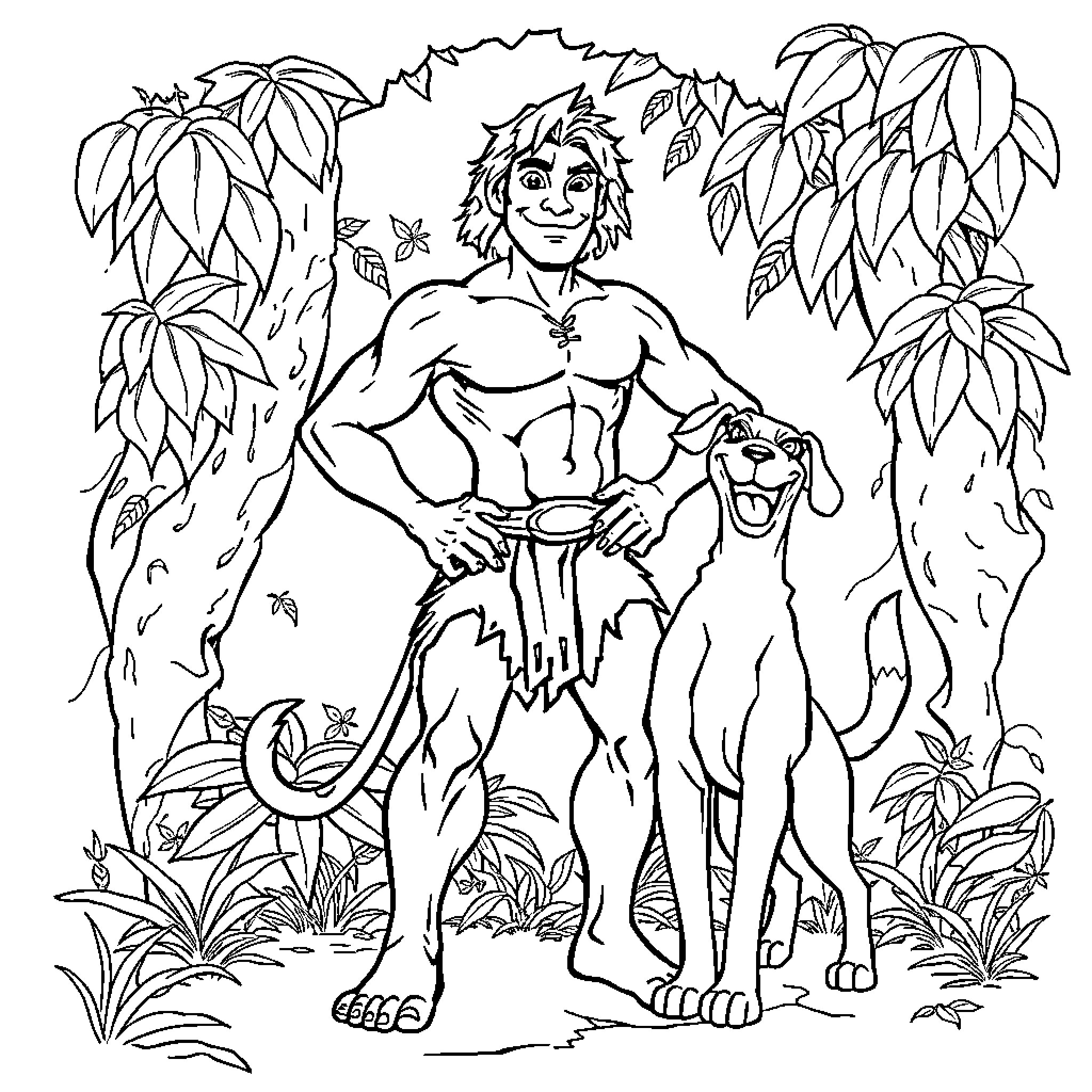 Tarzan and his loyal companion in the jungle Coloring Page (free black-and-white line drawing printable PDF for all, from beginners to advanced learners, including children, teens, adults, and seniors)