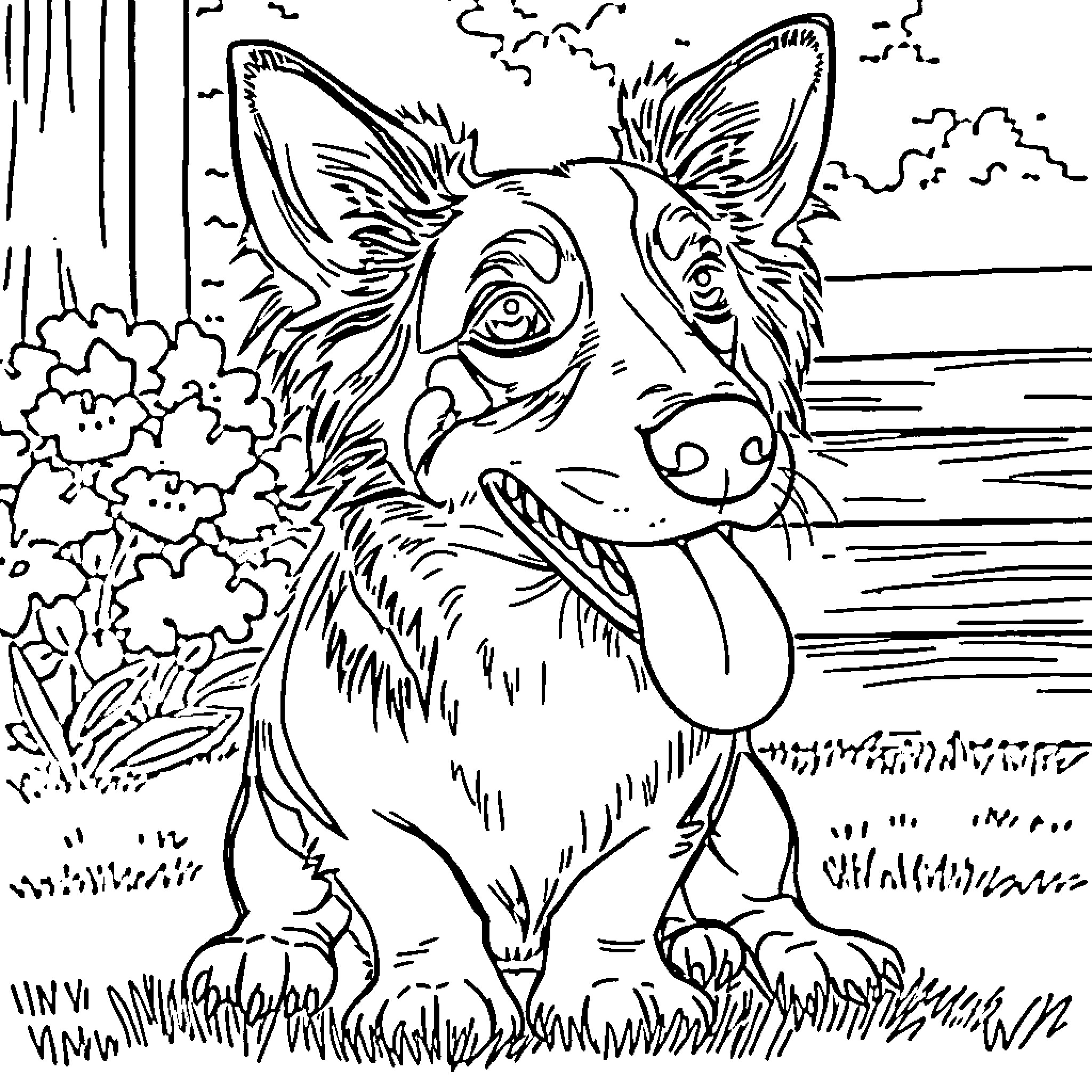 Doxie exploring the outdoors happily Coloring Page (free black-and-white line drawing printable PDF for all, from beginners to advanced learners, including children, teens, adults, and seniors)