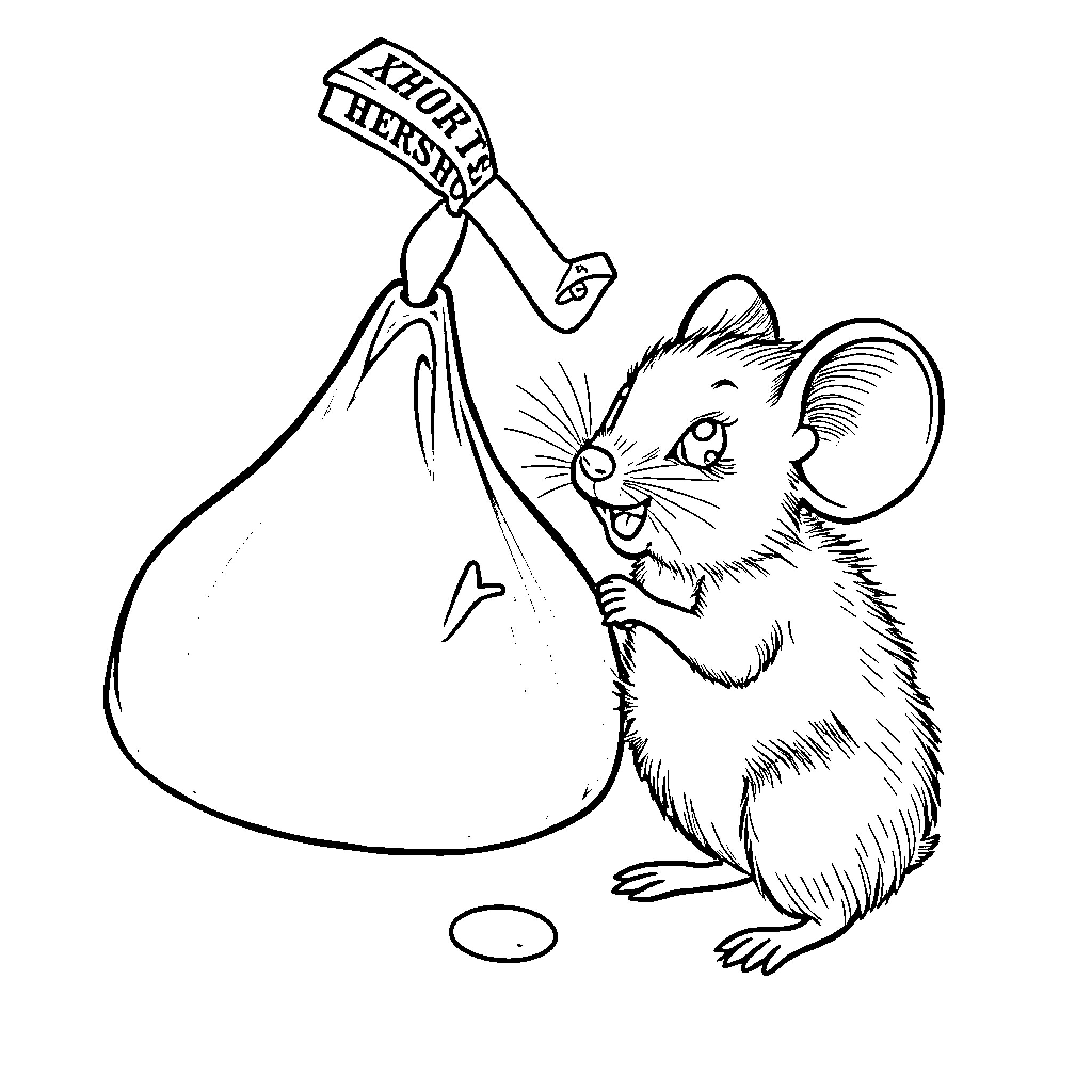 Mouse getting into mischief with burlap sack Coloring Page (free black-and-white line drawing printable PDF for all, from beginners to advanced learners, including children, teens, adults, and seniors)