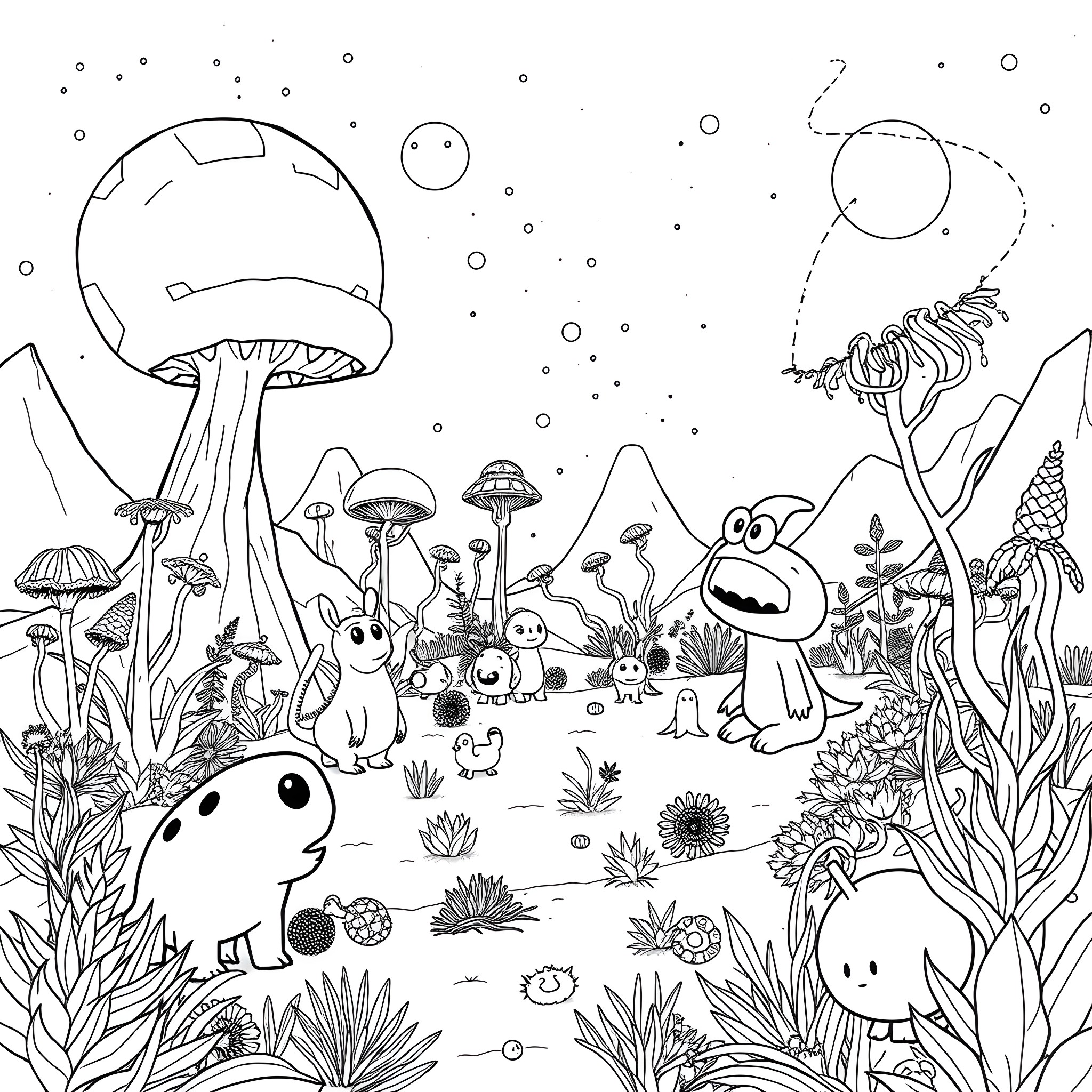 Dog exploring the whimsical mushroom forest Coloring Page (free black-and-white line drawing printable PDF for all, from beginners to advanced learners, including children, teens, adults, and seniors)