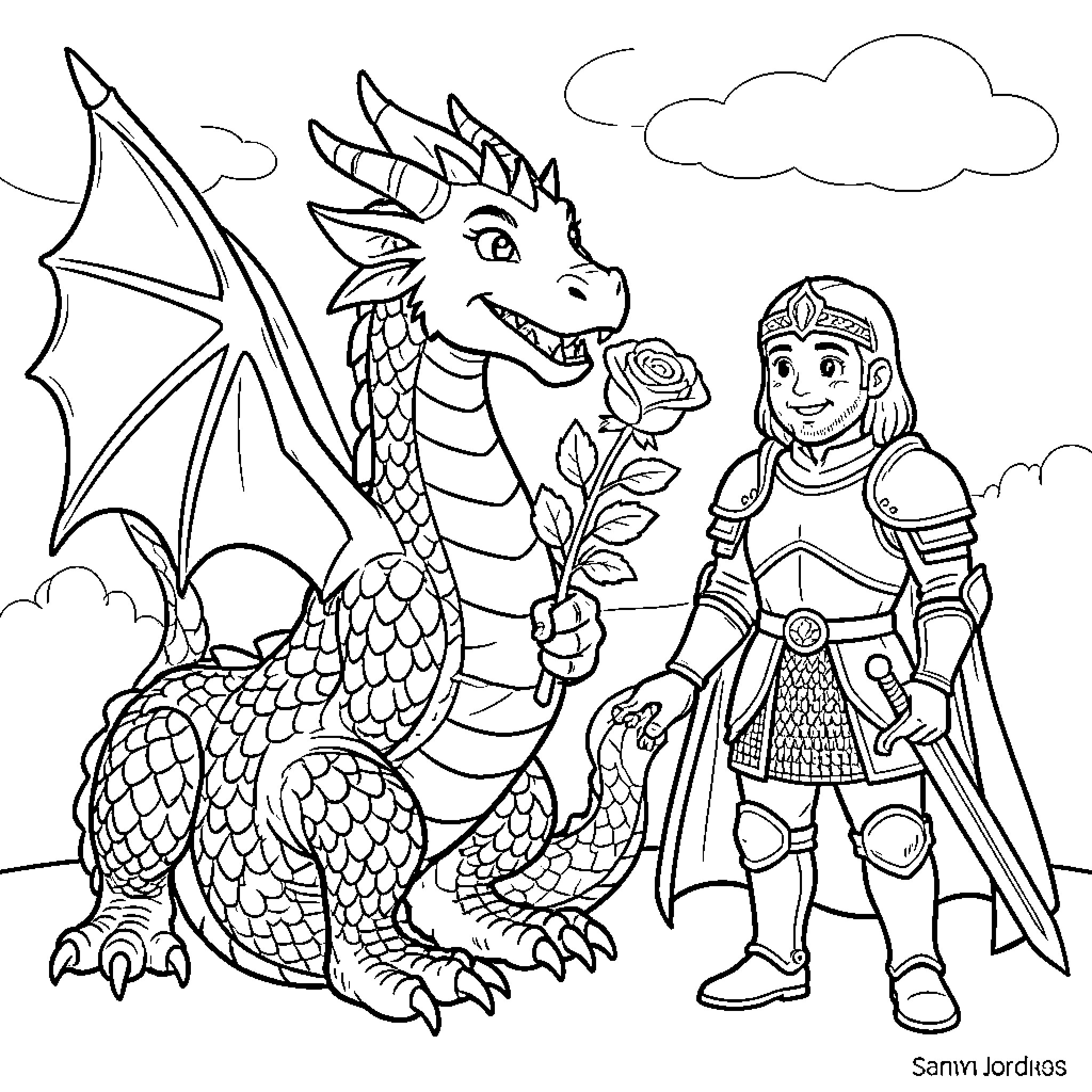 Dragon and noble knight in fantasy landscape Coloring Page (free black-and-white line drawing printable PDF for all, from beginners to advanced learners, including children, teens, adults, and seniors)