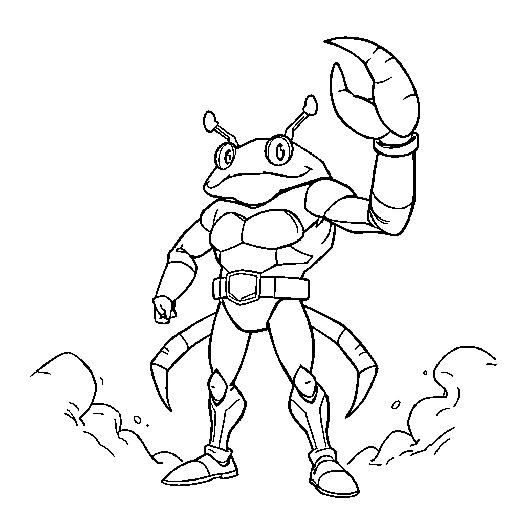 Crab hero in action pose Coloring Page (free black-and-white line drawing printable PDF for all, from beginners to advanced learners, including children, teens, adults, and seniors)