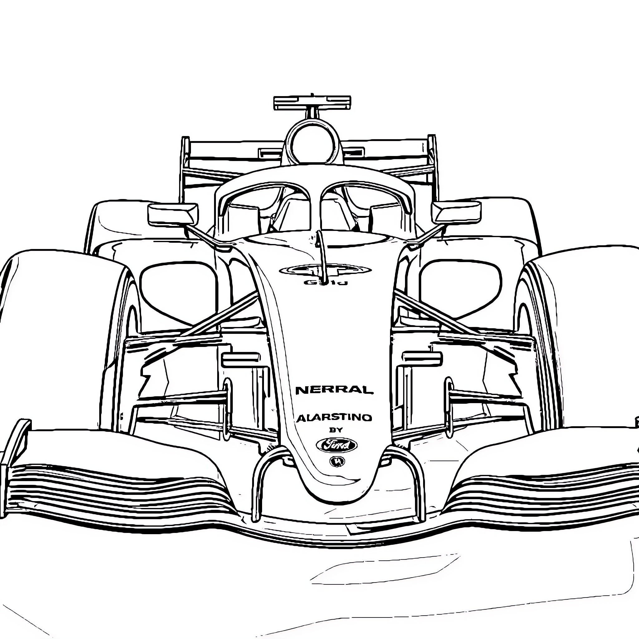 Formula One Car racing on the track Coloring Page (free black-and-white line drawing printable PDF for all, from beginners to advanced learners, including children, teens, adults, and seniors)