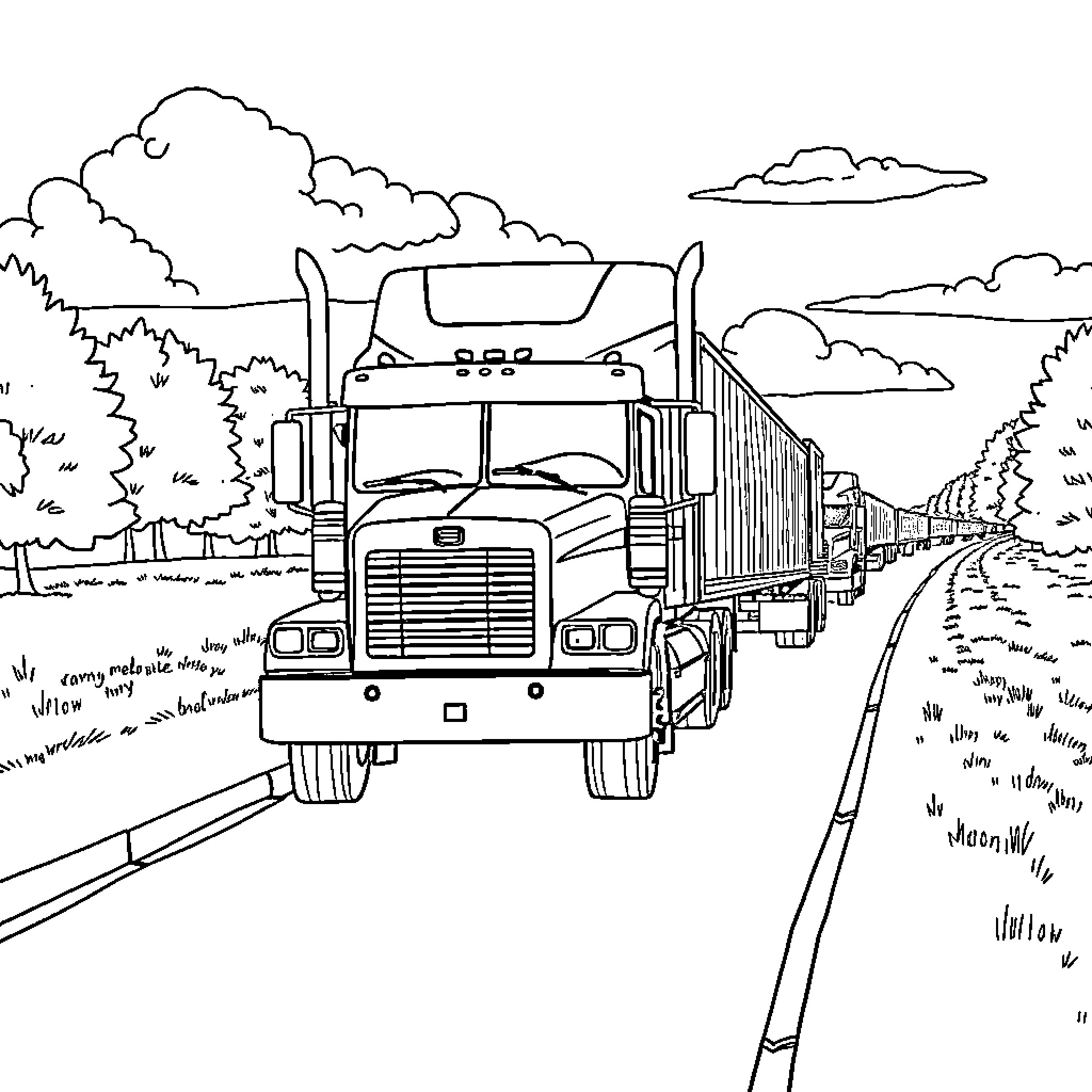 Truck Transporting Cargo on Winding Road Coloring Page (free black-and-white line drawing printable PDF for all, from beginners to advanced learners, including children, teens, adults, and seniors)
