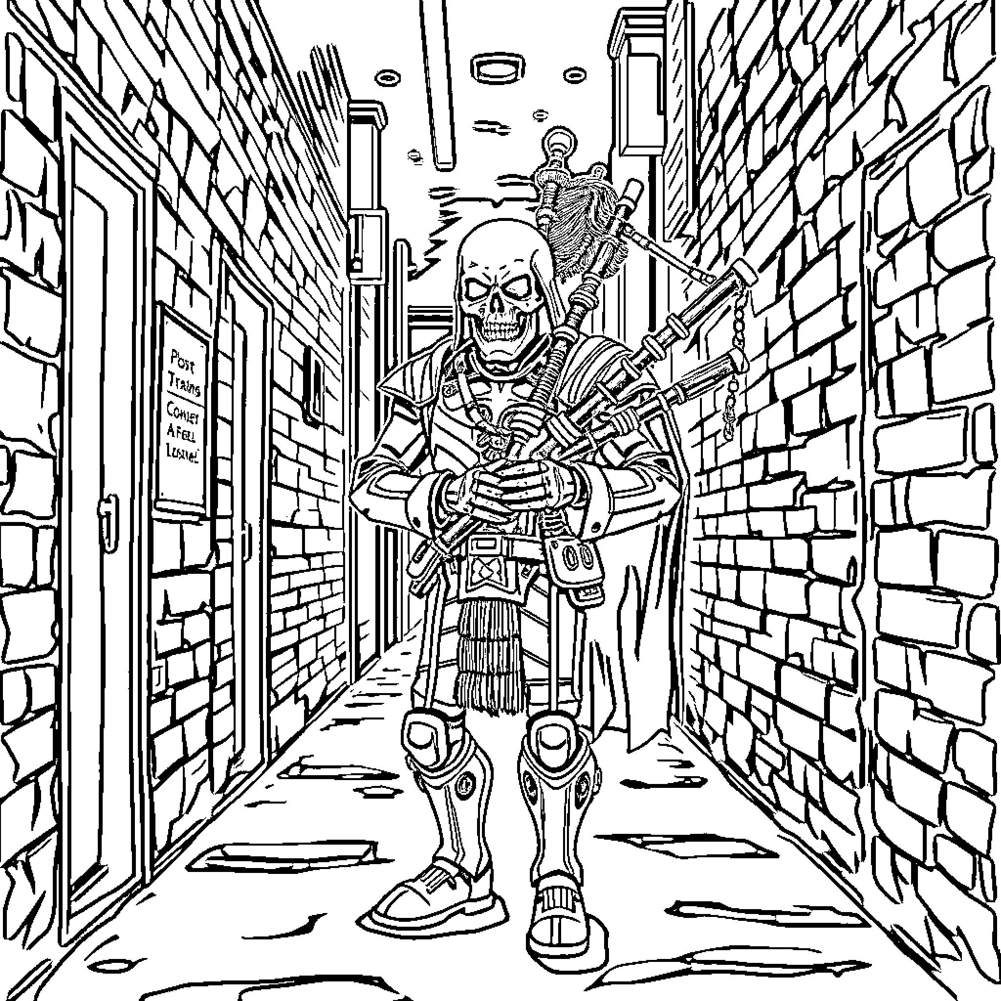 Bagpiper skeleton navigating the urban alleyway Coloring Page (free black-and-white line drawing printable PDF for all, from beginners to advanced learners, including children, teens, adults, and seniors)
