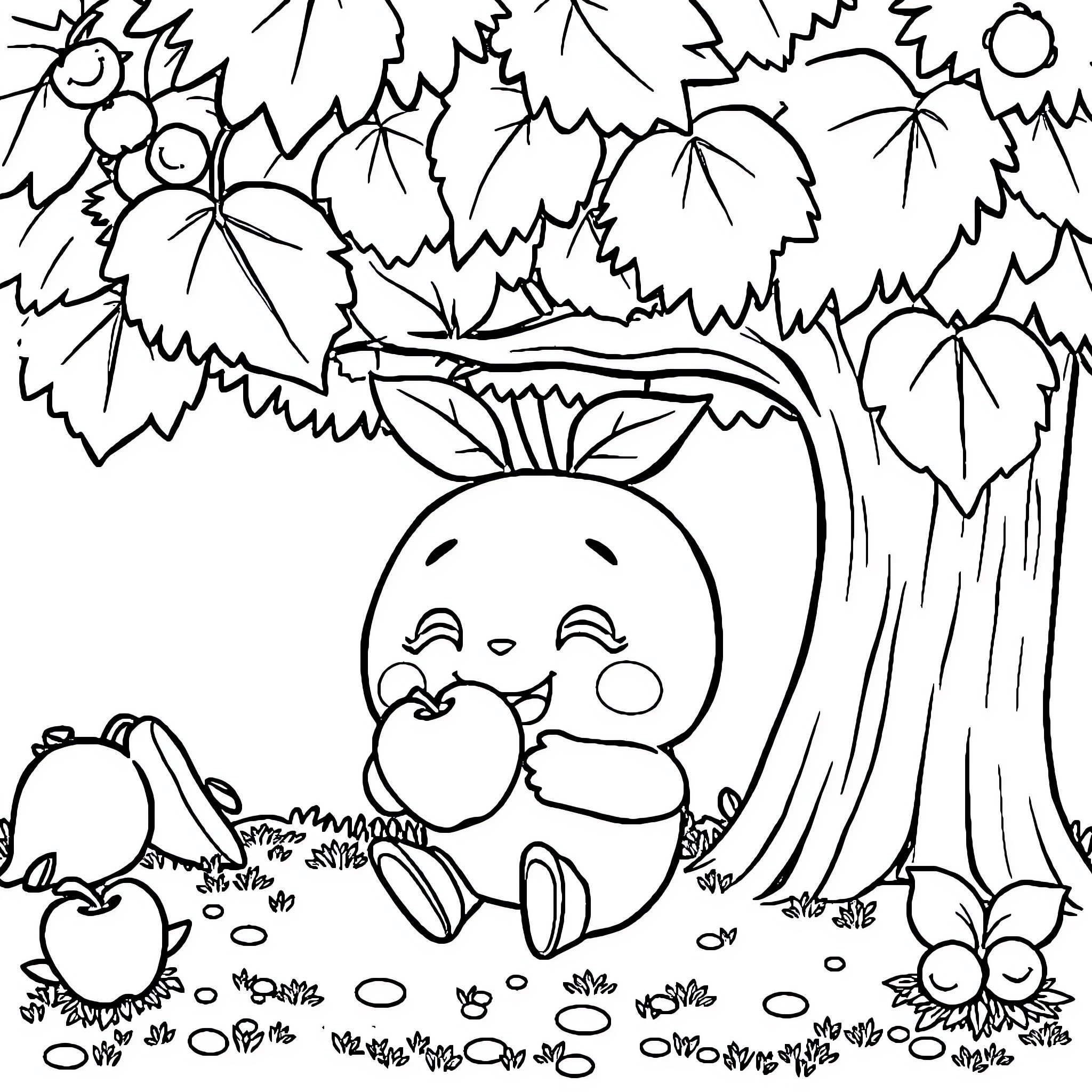 Apple cartoon character enjoying nature Coloring Page (free black-and-white line drawing printable PDF for all, from beginners to advanced learners, including children, teens, adults, and seniors)