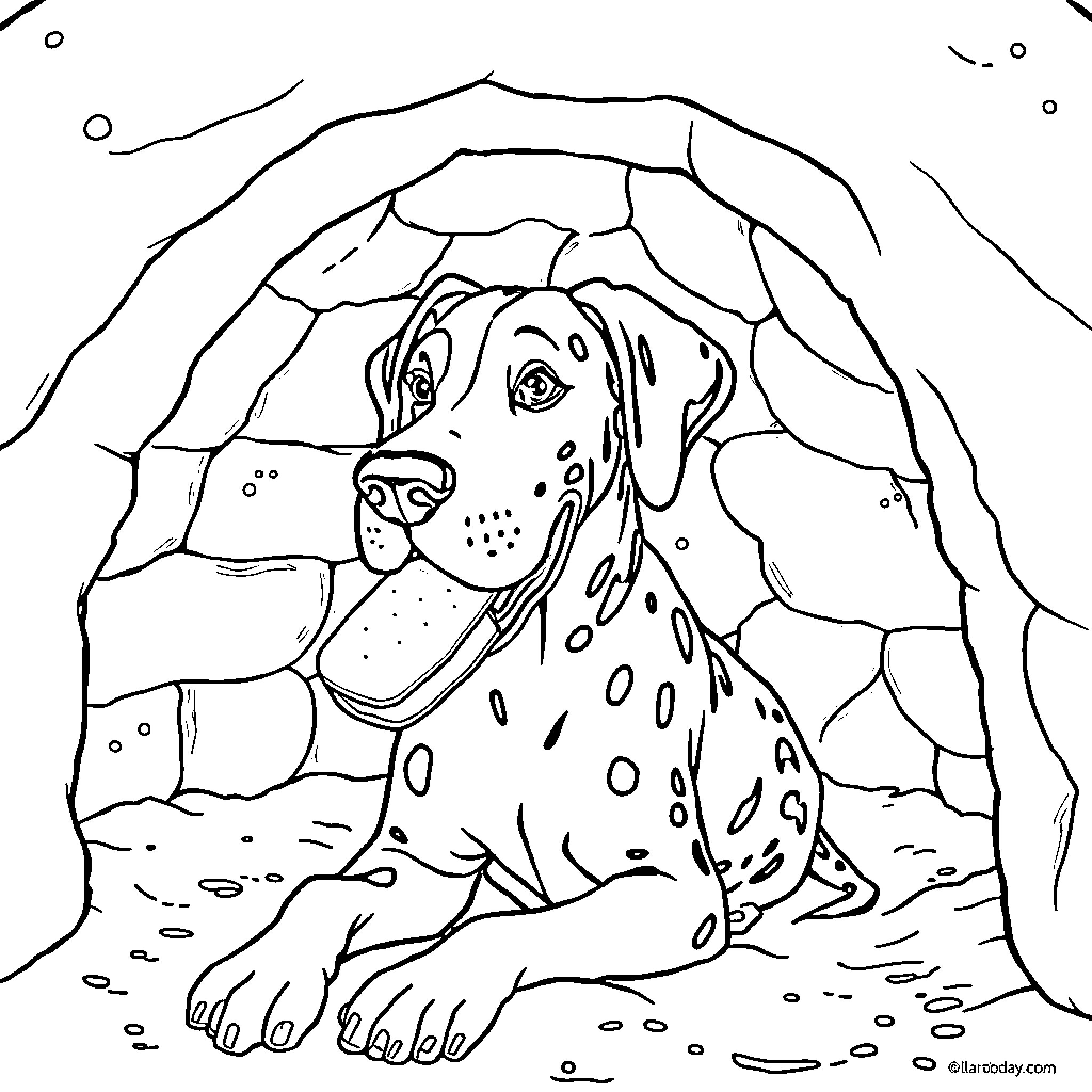 Great Dane peeking out from cave entrance Coloring Page (free black-and-white line drawing printable PDF for all, from beginners to advanced learners, including children, teens, adults, and seniors)