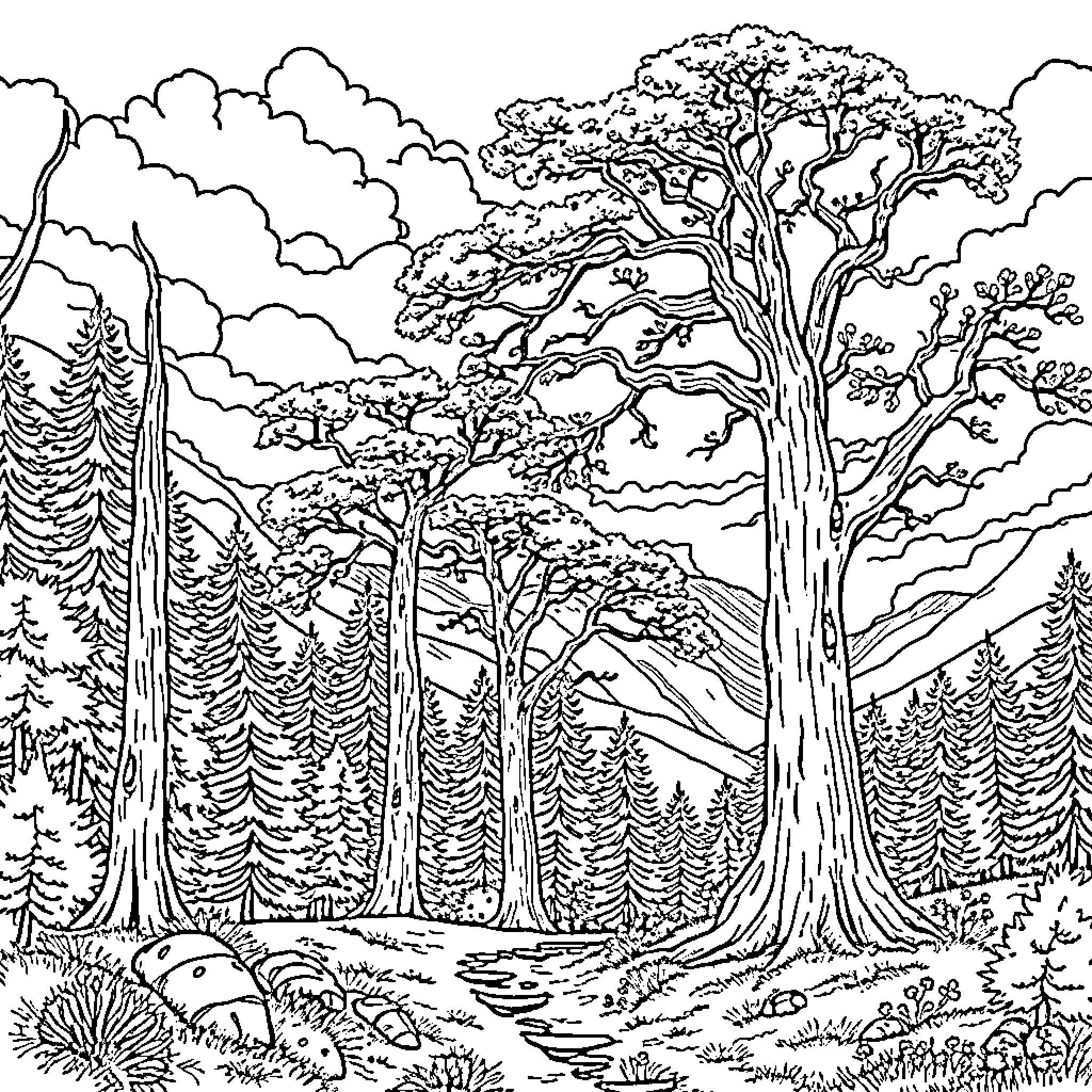 Tree-lined forest with majestic landscape Coloring Page (free black-and-white line drawing printable PDF for all, from beginners to advanced learners, including children, teens, adults, and seniors)