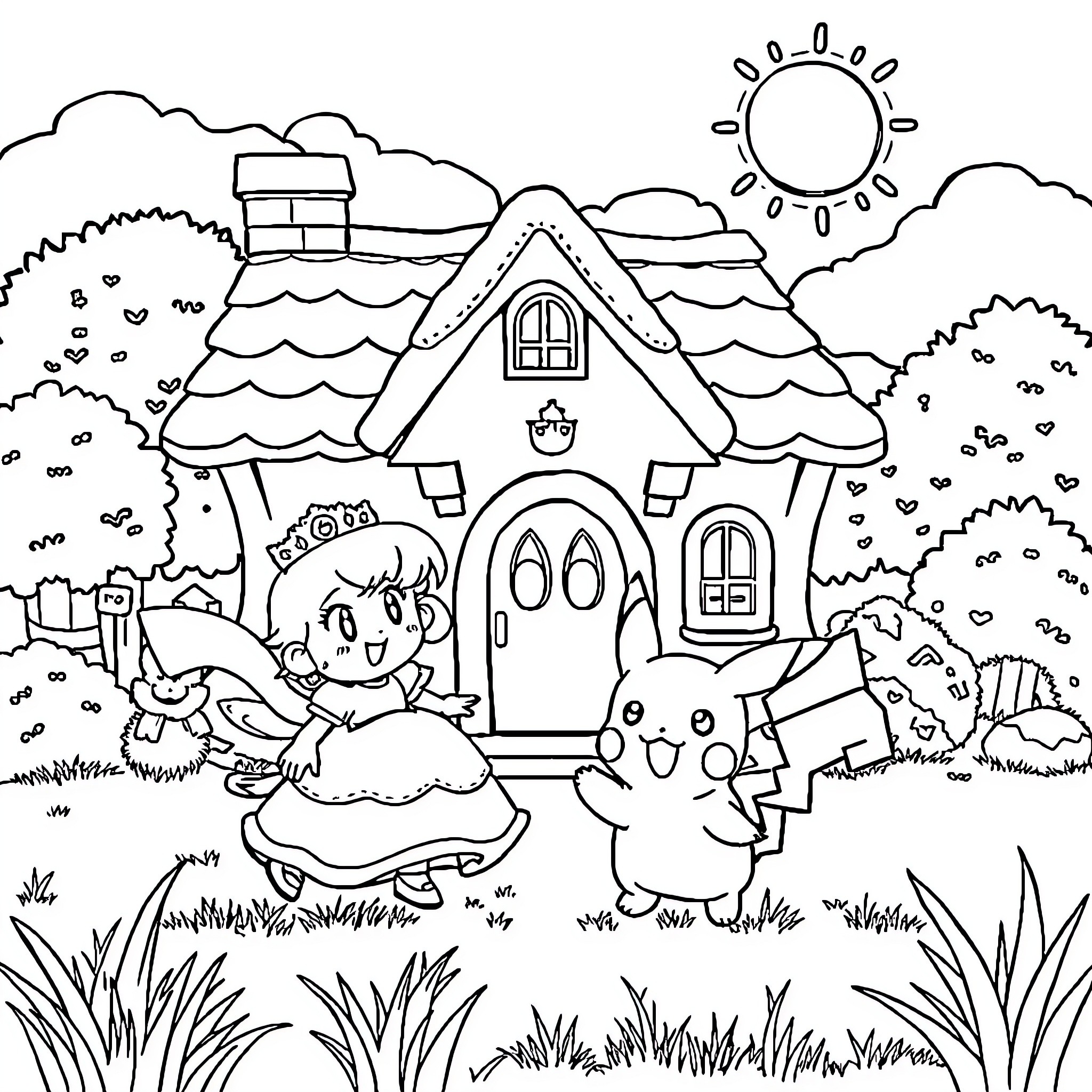 Bluey's Cozy Cottage Adventure Coloring Page (free black-and-white line drawing printable PDF for all, from beginners to advanced learners, including children, teens, adults, and seniors)