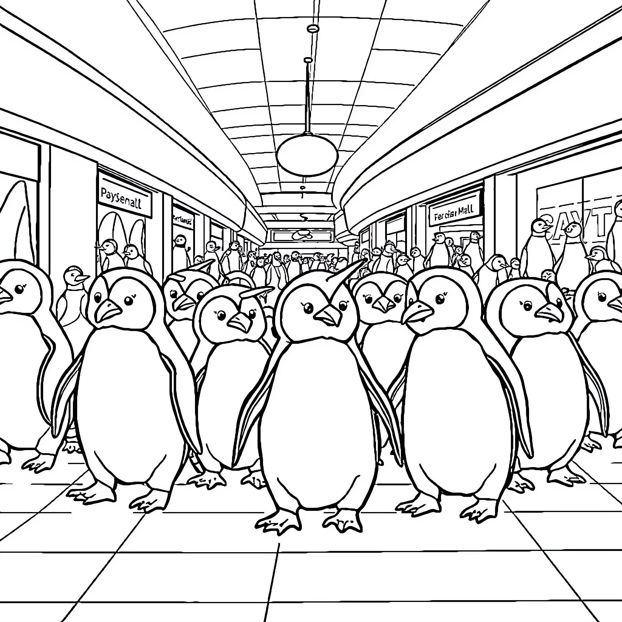 Penguin passengers on a crowded train Coloring Page (free black-and-white line drawing printable PDF for all, from beginners to advanced learners, including children, teens, adults, and seniors)