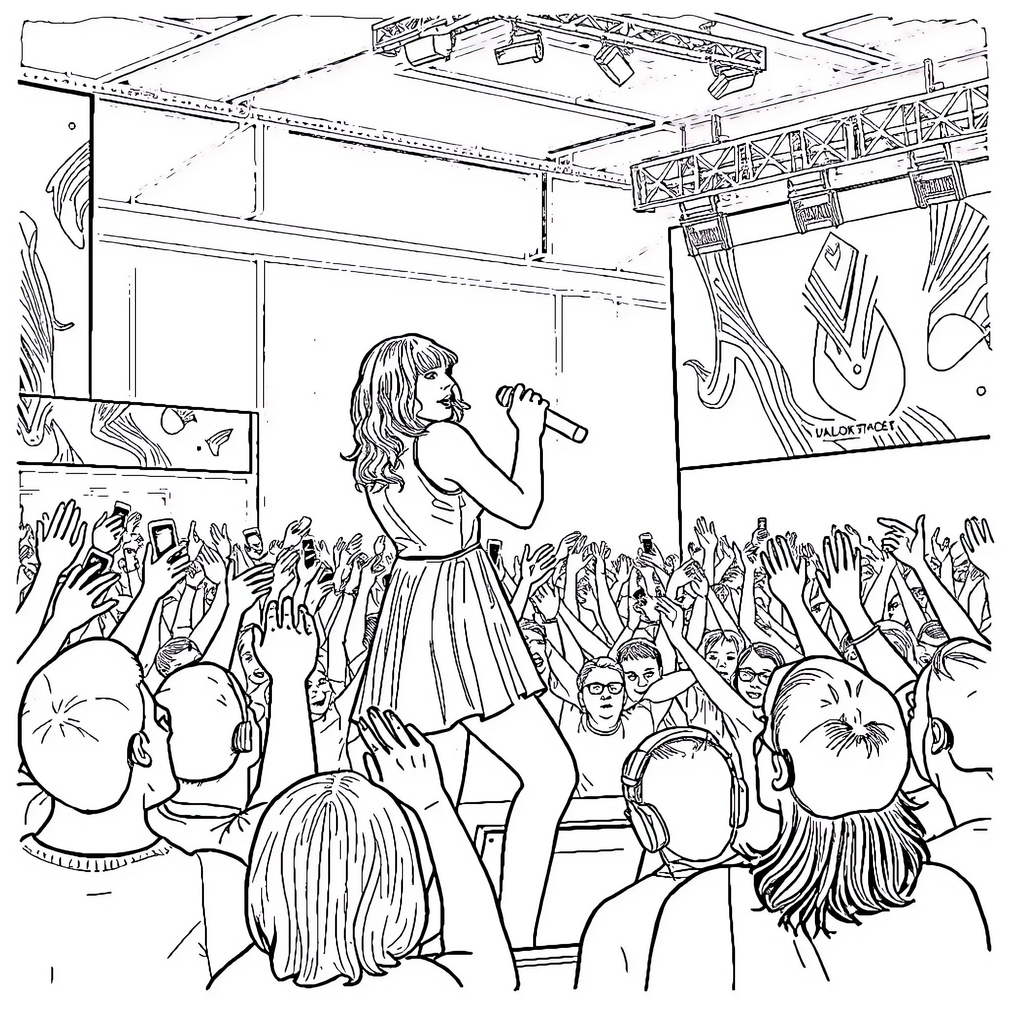 Taylor Swift performing on stage with a crowd Coloring Page (free black-and-white line drawing printable PDF for all, from beginners to advanced learners, including children, teens, adults, and seniors)