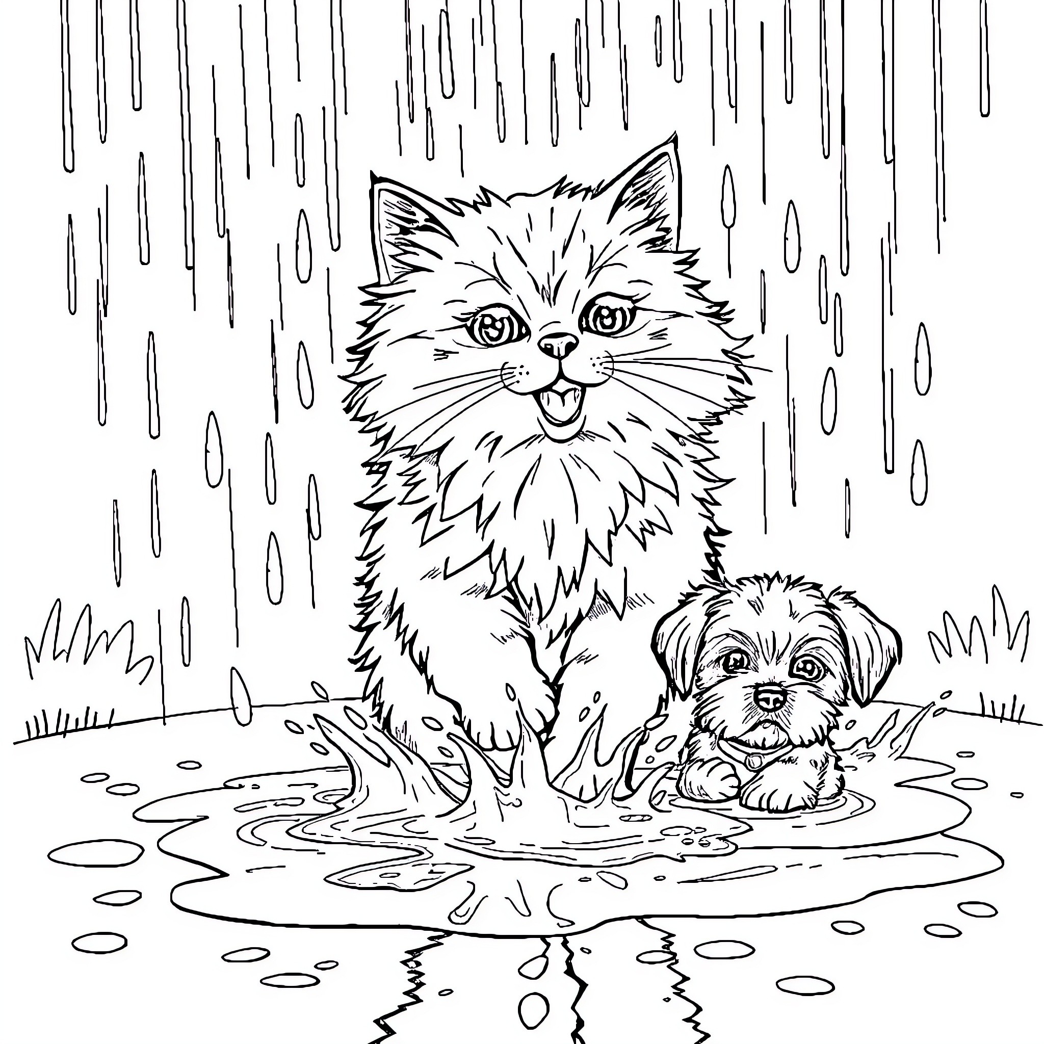 Cat and Dog Playing in the Rain Coloring Page (free black-and-white line drawing printable PDF for all, from beginners to advanced learners, including children, teens, adults, and seniors)