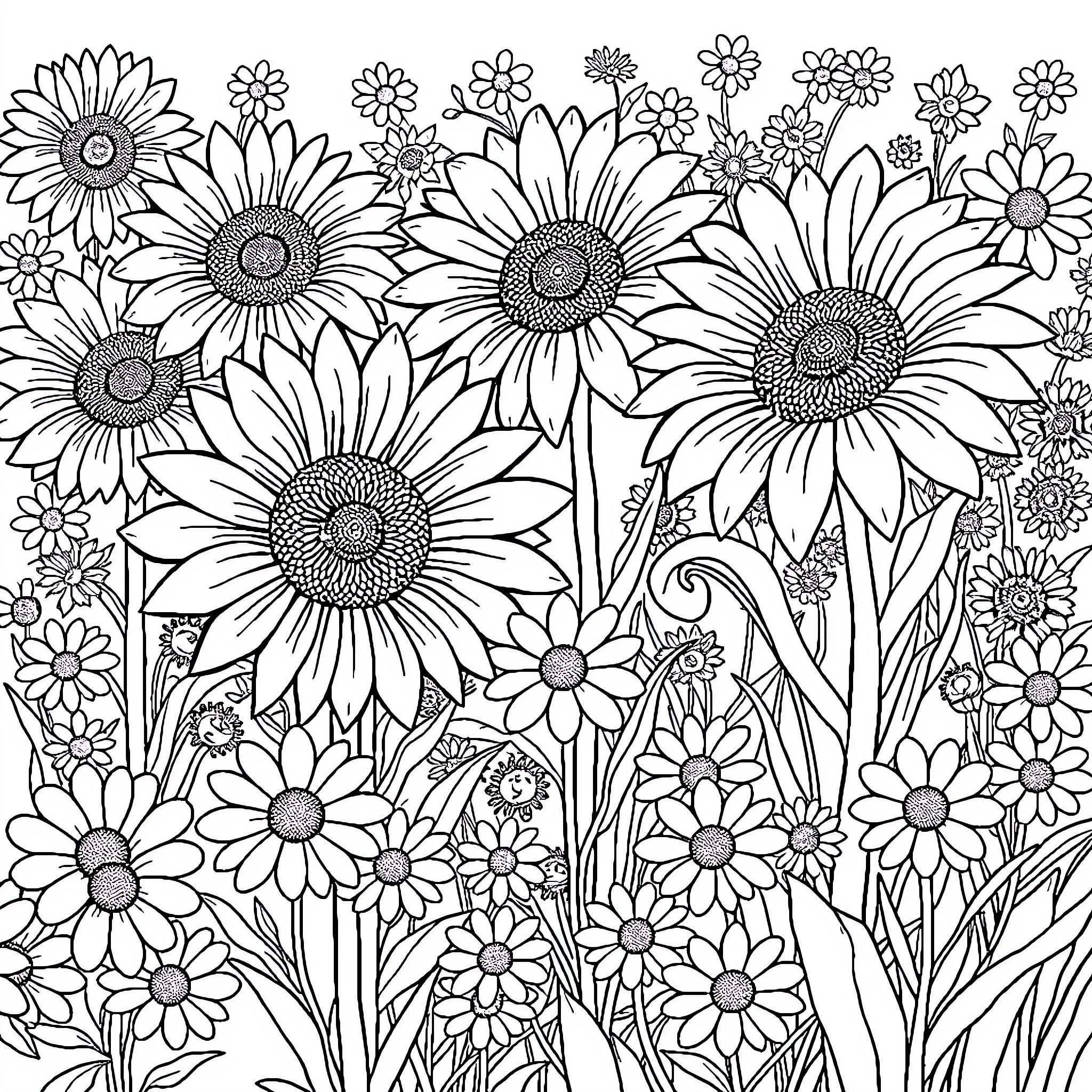Flower field with vibrant sunflowers and daisies Coloring Page (free black-and-white line drawing printable PDF for all, from beginners to advanced learners, including children, teens, adults, and seniors)