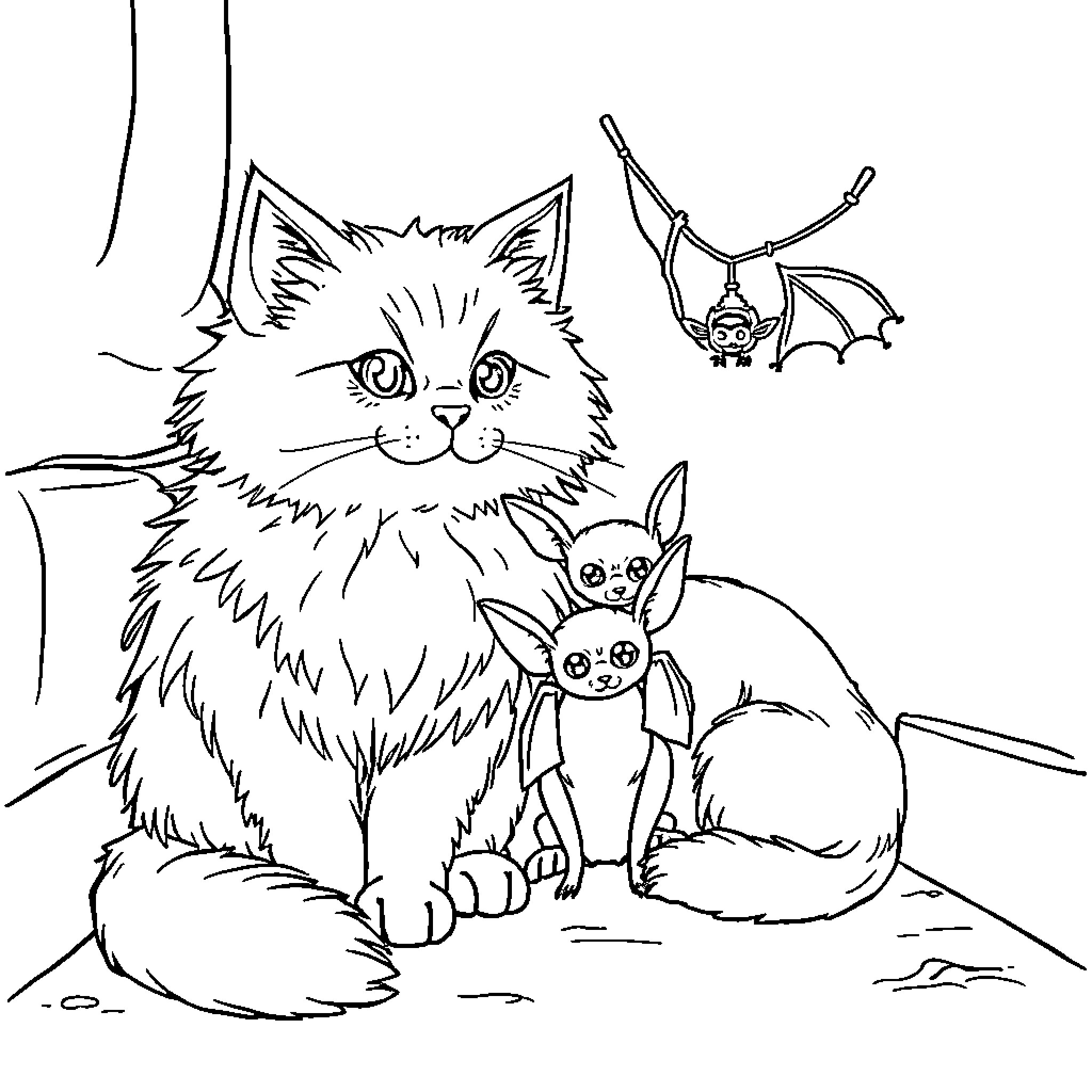 Cat and Bats in Spooky Scene Coloring Page (free black-and-white line drawing printable PDF for all, from beginners to advanced learners, including children, teens, adults, and seniors)