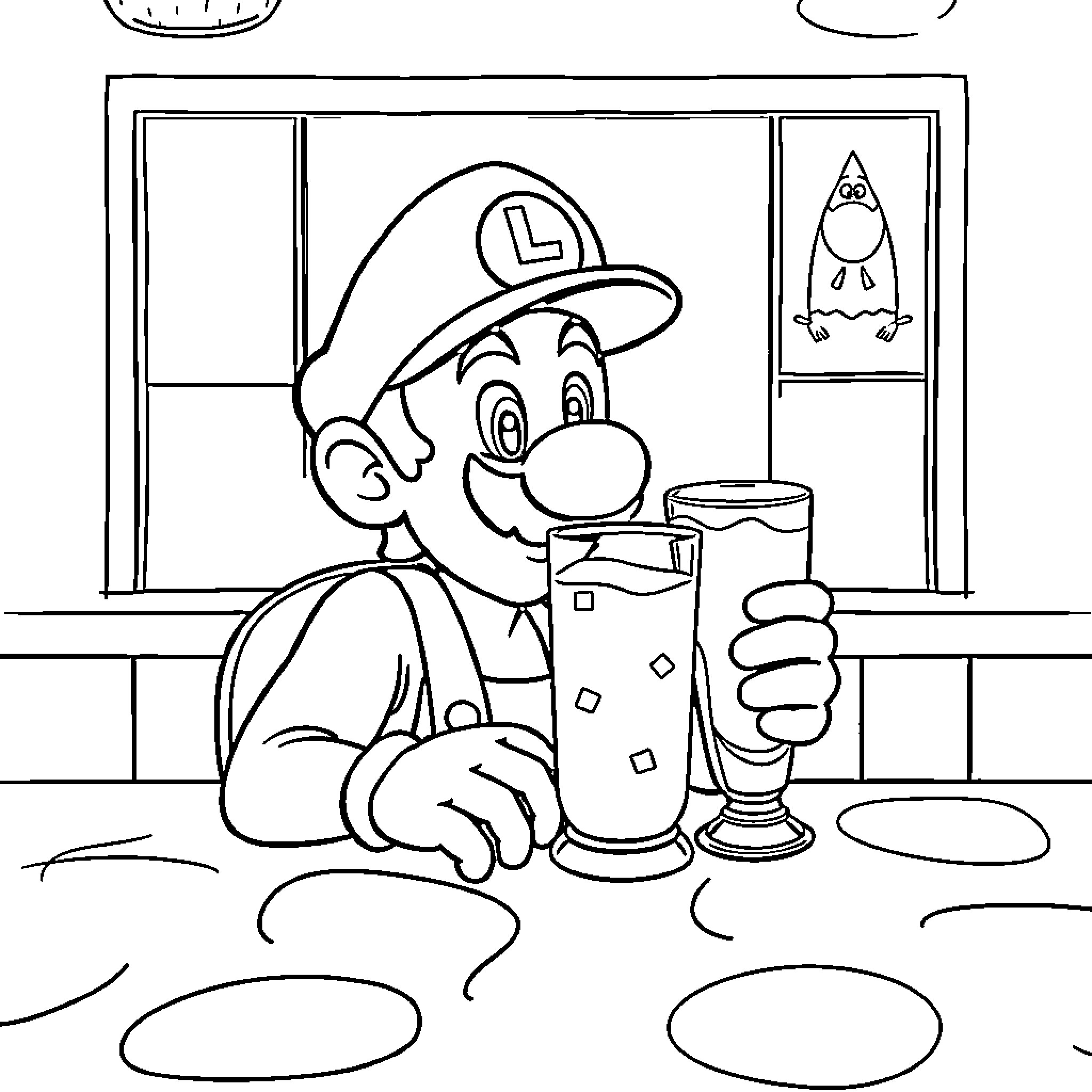 Luigi enjoying a refreshing drink at the counter Coloring Page (free black-and-white line drawing printable PDF for all, from beginners to advanced learners, including children, teens, adults, and seniors)