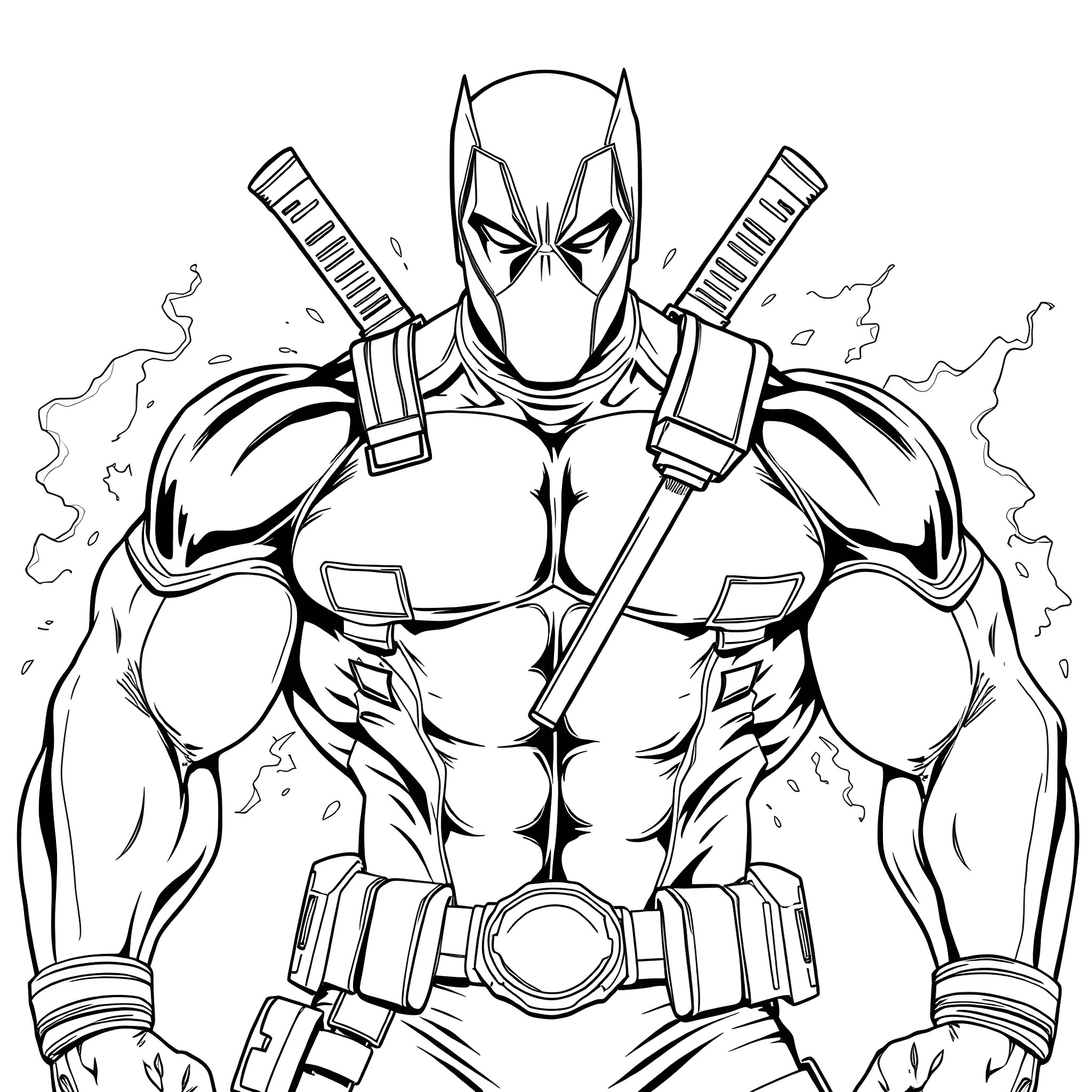 Hulk-like Superhero Wielding Weapons in Action Pose Coloring Page (free black-and-white line drawing printable PDF for all, from beginners to advanced learners, including children, teens, adults, and seniors)